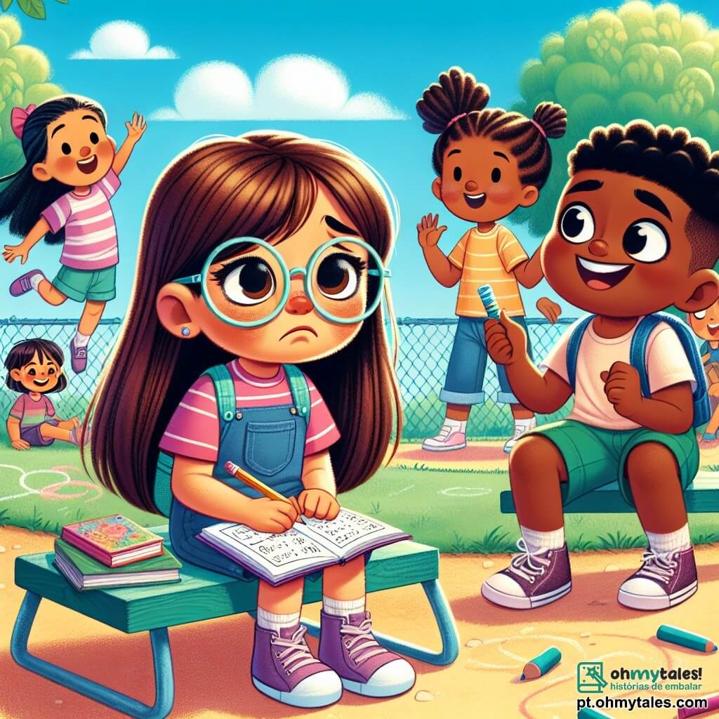 Uma menina de 8 anos, Sofia, com longos cabelos castanhos e óculos redondos, está sentada em um banco no pátio da escola. Ela tem um olhar triste e pensativo, com as sobrancelhas levemente franzidas, enquanto segura um lápis e um caderno de matemática em seu colo. Ao lado dela, Lucas, um menino de 8 anos com cabelos loiros e olhos brilhantes, sorri e a incentiva, levantando a mão com entusiasmo. Ana, uma menina de 8 anos com tranças e uma camiseta rosa, está um pouco mais longe, brincando com uma corda, mas lança um olhar preocupado para Sofia. A cena acontece em um pátio ensolarado, cercado por grandes árvores verdes e brinquedos coloridos. Crianças riem e brincam ao fundo, enquanto desenhos de giz colorido decoram o chão. Sofia, preocupada com suas dificuldades em matemática, observa seus colegas brincarem, sentindo-se um pouco excluída, mas esperando encontrar apoio.