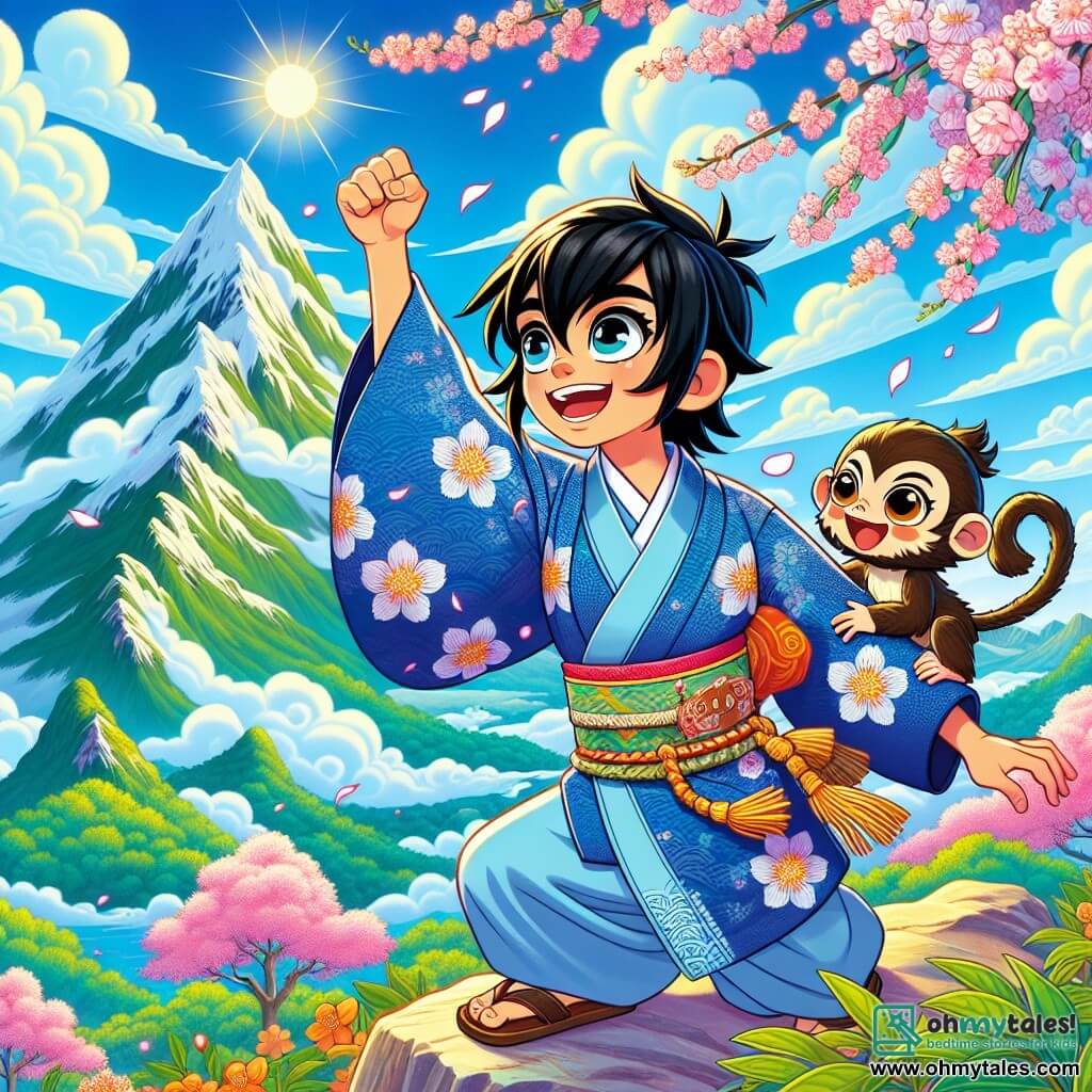 A young boy named Kenji, about 12 years old with black hair and sparkling curious eyes, stands atop a majestic mountain. He wears a traditional blue kimono adorned with cherry blossom patterns, and his face radiates joy and determination. Beside him, a mischievous little monkey named Momo, with brown fur and playful eyes, dances on his shoulder, adding a touch of cheer to the scene. The surrounding landscape is spectacular, with lush green mountains under a bright blue sky dotted with fluffy white clouds. Blooming cherry trees, their pink petals floating in the air, add a magical touch to the environment. The main scene shows Kenji and Momo, ready to face the challenge of the spiritual wind Kaze, with the heart of the mountain shimmering in his hand. They stand firmly on a rock, surrounded by a golden light aura, symbolizing their courage and friendship in the face of the unknown.