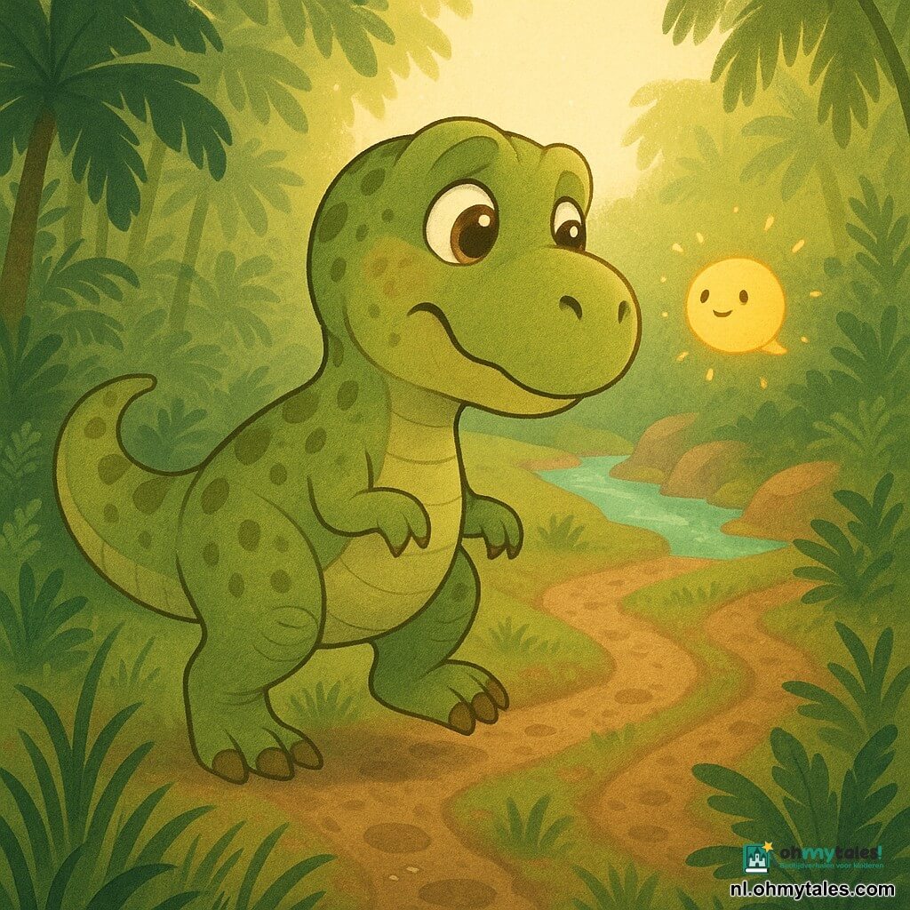 Een jonge Tyrannosaurus Rex genaamd Timo, vrolijk en nieuwsgierig met glanzende amberkleurige ogen, limoengroene huid met olijfvlekken, kleine bruine klauwen en een zacht zwiepende staart, staat op zijn krachtige achterpoten met één poot opgeheven en een halfopen schuchtere glimlach; een rond citroengeel lichtgeestje met kleine blije oogjes en vonkjes zweeft voor zijn snuit en wijst het middelste van drie modderige paden; rondom hoge varens en donkere palmen, natte varens op de voorgrond en gras langs zijn poten, op de achtergrond een turkooise rivier tussen terracottarotsen en paarse heuvels, in een ochtendlicht met gouden zonnestralen die vlekken op de natte grond maken, de sfeer is zacht avontuurlijk en nieuwsgierig.