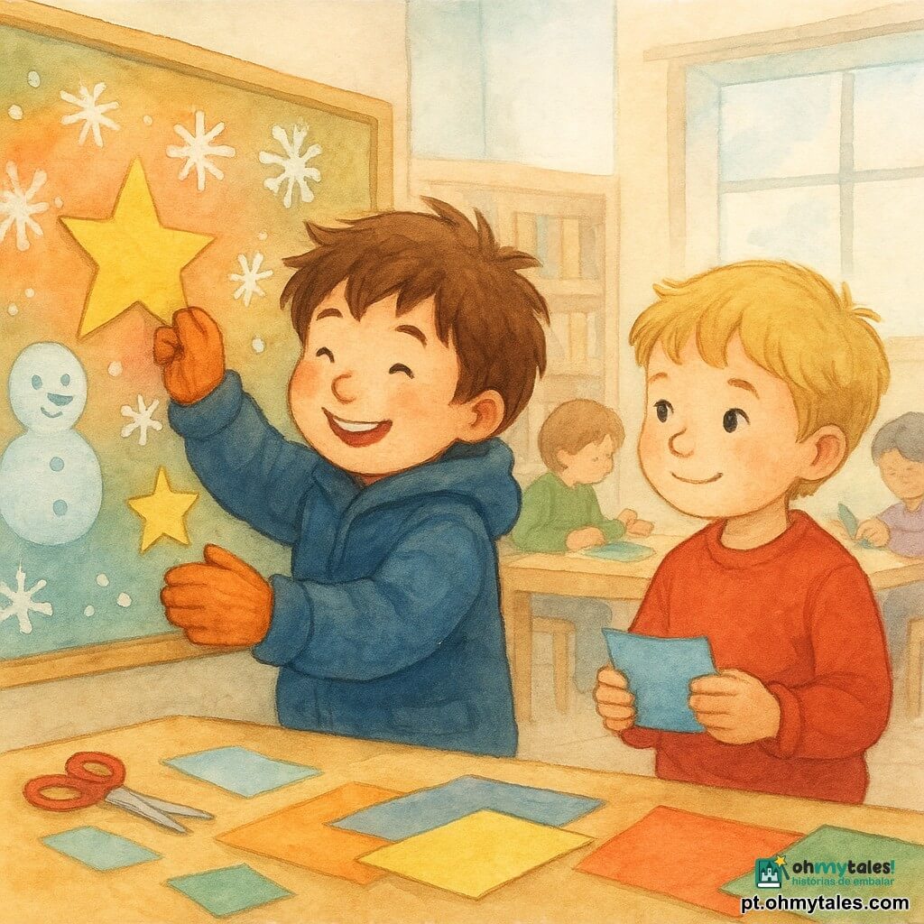 Miguel, um menino de 6 anos com cabelos castanhos desgrenhados e bochechas rosadas pelo frio, sorri calorosamente. Ele veste um casaco azul grosso e luvas de tricô laranja. Miguel está colando uma estrela de papel em um grande painel colorido. Ao lado dele, Tiago, também de 6 anos, tem cabelos loiros e veste um suéter vermelho. Tiago segura um pedaço de papel azul e olha para Miguel com um sorriso tímido. Eles estão em uma sala iluminada da biblioteca, com mesas cheias de papéis coloridos, tesouras e cola. A cena principal mostra Miguel e Tiago colaborando alegremente na criação de um painel de inverno, cercados por outras crianças que recortam e colam formas de neve e estrelas.