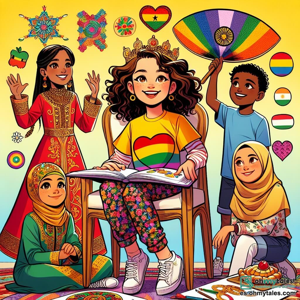 Una niña de 10 años, Sofía, con cabello rizado y castaño, sonríe mientras sostiene un gran cartel colorido sobre la diversidad. Lleva una camiseta amarilla y una falda de flores. A su derecha, Amina, también de 10 años, con cabello liso y negro, viste un vestido tradicional marroquí rojo y dorado, la observa con admiración. A su izquierda, Tomás, un niño de 9 años con cabello castaño y ojos brillantes, lleva una camiseta azul y un pantalón corto, sosteniendo un plato de pasteles argentinos para compartir. Li Na, una niña de 10 años de origen chino, con cabello largo y negro, está sentada sonriendo y dibujando símbolos de su cultura en un gran papel. El lugar es un aula luminosa decorada con banderas de diferentes países y dibujos coloridos en las paredes, con mesas llenas de platos típicos del mundo, creando un ambiente festivo y acogedor. La situación principal muestra a Sofía y sus amigos preparando su presentación sobre la diversidad, rodeados de sus creaciones, riendo e intercambiando ideas, ilustrando la armonía y la amistad entre diferentes culturas.