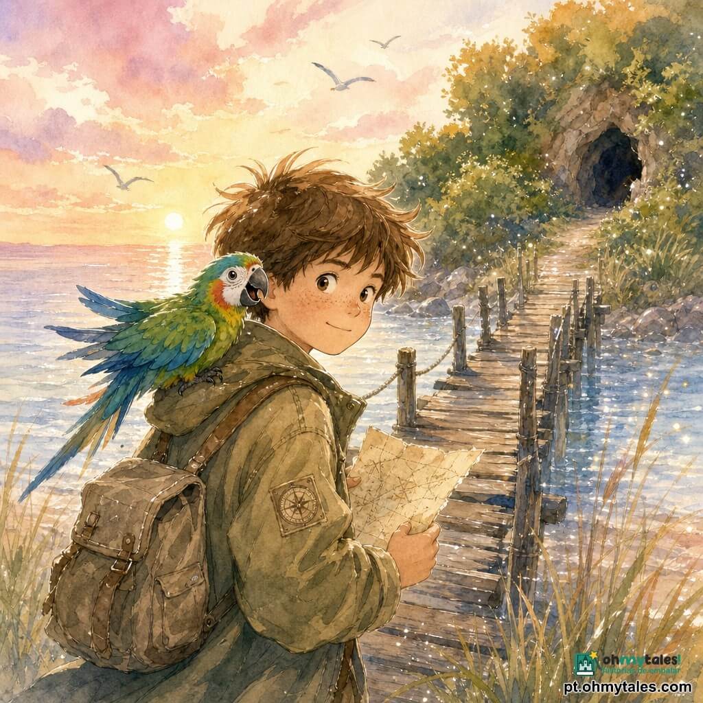 Um menino de cerca de 10 anos, cabelos castanhos despenteados, rosto redondo com sardas, sorriso determinado e olhos vivazes, veste uma jaqueta cáqui um pouco grande, mochila de lona e segura um mapa antigo amassado; um papagaio macho colorido chamado Pepe, plumagem verde e azul vibrante, pousado no ombro direito, olhar vivo e bico entreaberto; cena num estuário ao nascer do sol, margem arenosa molhada, céu em tons de rosa e laranja, ervas altas e uma velha passarela de madeira rangendo sobre pequenas ondas prateadas; o menino atravessa a passarela rumo a uma caverna escondida entre arbustos, postura corajosa, vento levantando a jaqueta e as penas do papagaio, clima de aventura suave e promissora.
