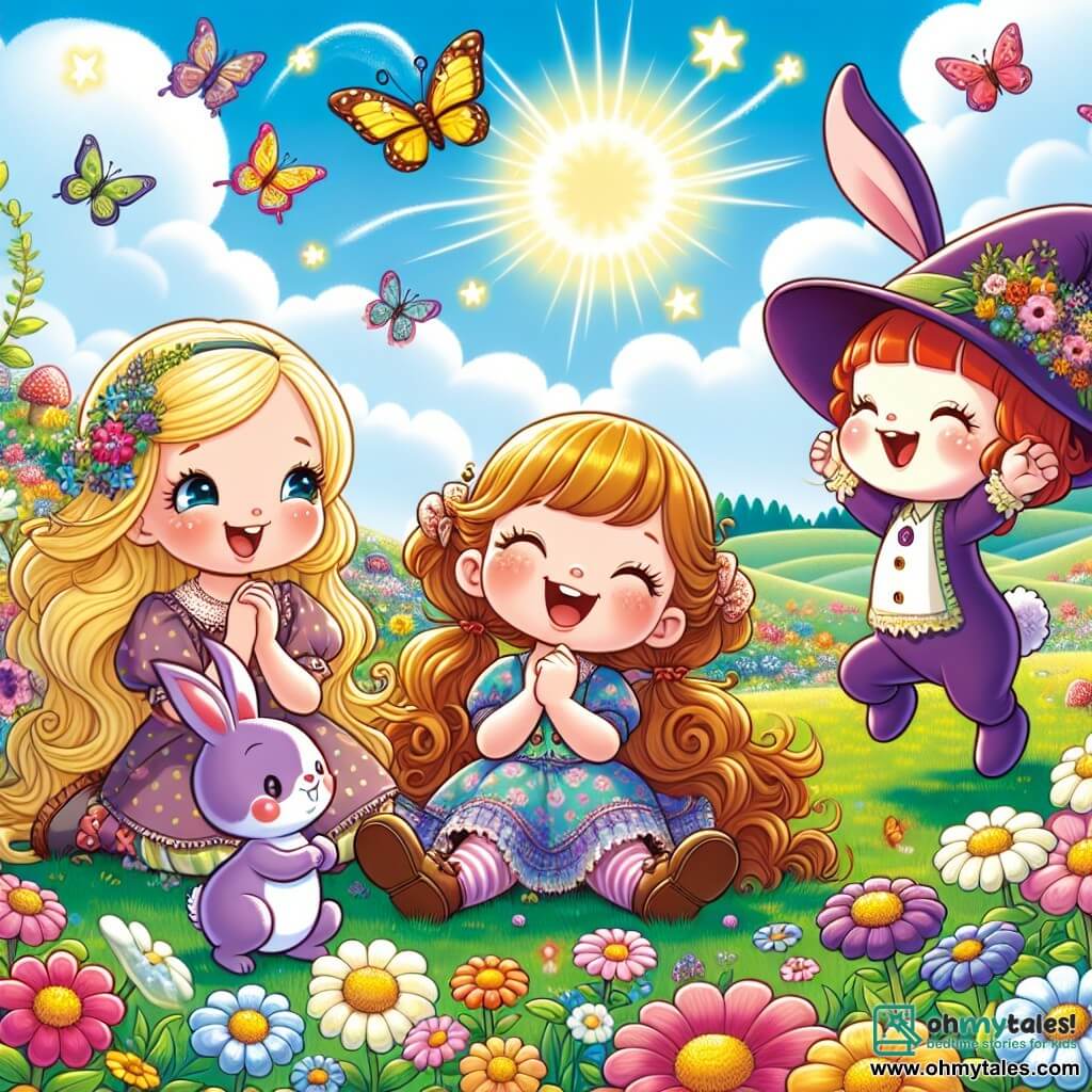 In a sunny meadow, three little girls are gathered. Lily, a 7-year-old with long blonde hair and sparkling eyes, sits on the grass, laughing heartily. Next to her, Daisy, a 6-year-old with brown pigtails and a mischievous smile, points at a large field of colorful flowers. Rose, an 8-year-old with red hair and freckles, stands with her arms crossed, looking determined and ready for an adventure. 

In the center, an adorable purple rabbit named Binky, with big ears and a magic hat, hops joyfully. The meadow is filled with bright flowers, dancing butterflies, and a clear blue sky dotted with fluffy clouds. 

The main scene shows the girls and Binky laughing together as they try to catch a wiggly colorful mushroom that is playfully escaping from them. The flowers around them seem to dance to the rhythm of their joy, creating a magical and playful atmosphere.