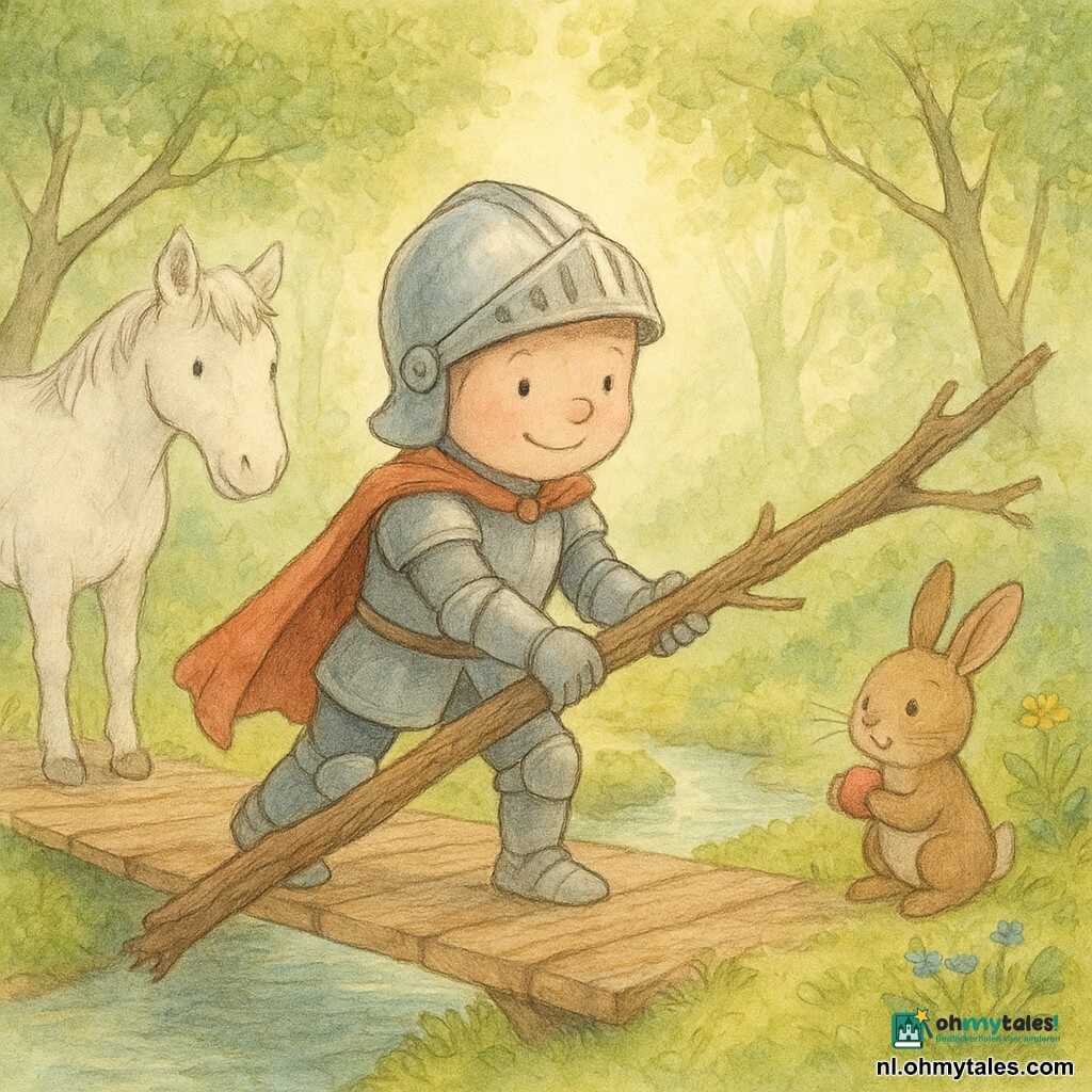 Een ongeveer 9‑jarige jongen als ridder, rond glimlachend gezicht, helm scheef, rode cape en eenvoudige glanzende harnas, duwt met een lange houten stok een ruwe bruine tak van een smalle houten loopbrug; links staat een klein wit ponytje kalm en bemoedigend met de stok tussen de hoeven, rechts bij een struik een bruin konijntje ter grootte van een vuist houdt een klein rood balletje en kijkt verrast blij; brug over een heldere beek met mosrijke oevers, gele bloemen en korenbloemen en bladerdak waar zonnestralen doorheen vallen — tedere, veilige ochtendstemming.