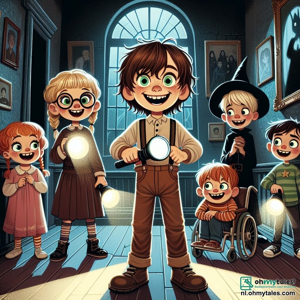 In een grote donkere kamer van een oud spookhuis staan vijf kinderen samen, verlicht door het licht van hun zaklampen. Sam, een 10-jarig jongetje met rommelig bruin haar en een brede glimlach, staat in het midden met zijn armen wijd open. Lotte, een 9-jarig meisje met ronde brillen en vlechten, staat links van hem, met grote ogen van opwinding, terwijl ze een zaklamp vasthoudt die een oud schilderij verlicht. Joris, een 10-jarige jongen met blond haar en een achterstevoren pet, staat iets verder weg en lacht nerveus terwijl hij naar een schaduw in een hoek wijst. Emma, een 9-jarig meisje verkleed als heks met een puntige hoed en een zwarte jurk, staat rechts van Sam met gekruiste armen en een ondeugende glimlach, klaar om haar vrienden aan te moedigen. Finn, een 10-jarige jongen in een rolstoel, staat net achter Lotte met een brede glimlach en sprankelende ogen, terwijl hij een kleine versierde pompoen vasthoudt. Het spookhuis is gevuld met oude meubels bedekt met witte lakens, spinnenwebben in de hoeken en oude schilderijen met mysterieuze gezichten die lijken te kijken. Het maanlicht valt door een stoffig raam en creëert een magische en lichtgriezelige sfeer. De kinderen hebben net een grote oude spiegel ontdekt die mysterieus glinstert, en ze staan op het punt de drempel naar een betoverde wereld over te steken, waar geesten dansen en de magie van Halloween tot leven komt.