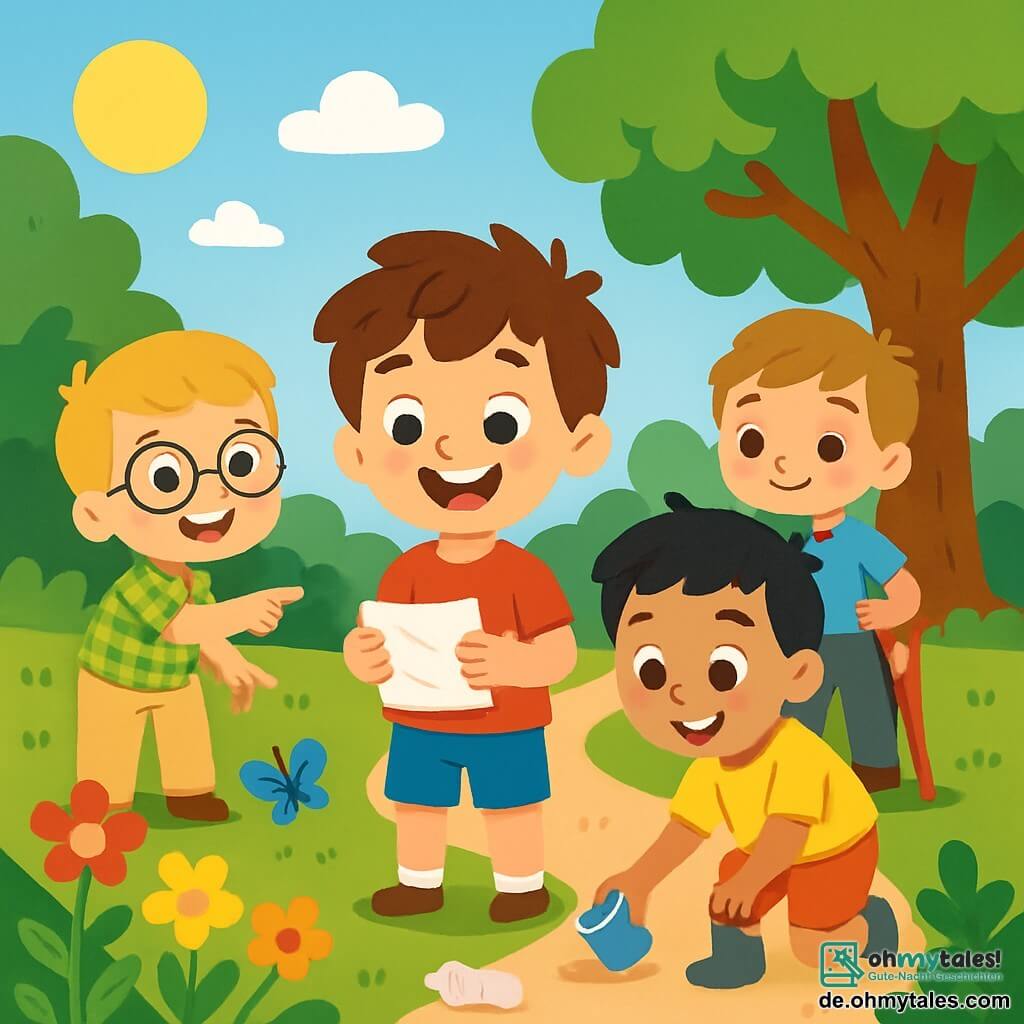 Es gibt 4 Kinder: Max, ein 3-jähriger Junge mit zerzausten braunen Haaren und einem strahlenden Lächeln, trägt ein rotes T-Shirt und eine blaue Shorts und steht in der Mitte mit einem Stück Papier in den Händen. Tim, ein 4-jähriger Junge mit blonden Haaren und runden Brillen, trägt ein kariertes grünes Hemd und eine beige Hose und steht links von Max, während er enthusiastisch auf den Boden zeigt. Leo, ein 3-jähriger Junge mit schwarzen Haaren und funkelnden Augen, trägt ein gelbes T-Shirt und eine orange Shorts und steht rechts von Max, während er mit einem großen Lächeln einen Abfall aufhebt. Ben, ein 3-jähriger Junge mit kastanienbraunen Haaren und einem Gehstock neben sich, trägt ein hellblaues T-Shirt und graue Hosen und steht etwas im Hintergrund und beobachtet stolz seine Freunde. Der Ort ist ein großer sonniger Garten mit bunten Blumen, großen grünen Bäumen und einem strahlend blauen Himmel. Schmetterlinge fliegen um die Blumen und ein kleiner Kiesweg schlängelt sich durch den Garten. Die Hauptsituation zeigt die Kinder, wie sie Abfall im Garten sammeln. Sie sind fröhlich und entschlossen, jeder hält einen anderen Abfall, während der Garten immer sauberer und bunter wird. Blumen blühen um sie herum und man spürt die positive Energie ihrer Aktion für die Natur.