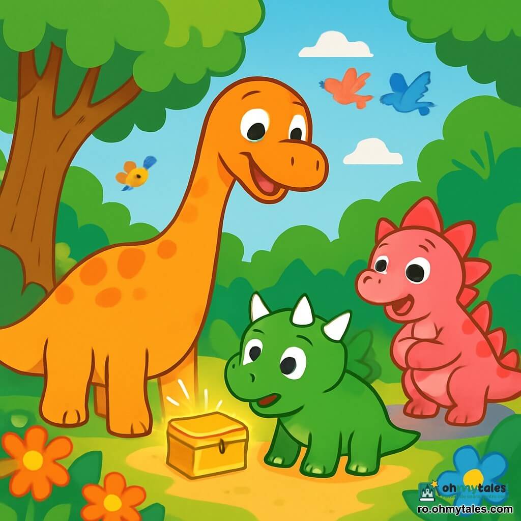 Un diplodocus cu gât lung, Dino, stă în centrul unei păduri luxuriante, cu frunze verzi strălucitoare și flori colorate. Are un zâmbet vesel și ochi strălucitori de excitație, în timp ce privește o cutie mică aurie pe care a găsit-o sub un copac mare. Lângă el, Roro, un triceratops verde cu trei coarne ascuțite, observă cu curiozitate, ochii săi rotunzi fiind plini de uimire. Mai departe, Lila, un tinerel stegozaur roz, stă pe o piatră, cu labele din față încrucișate, având o expresie de entuziasm pe față. Scena se desfășoară într-o poiană însorită, înconjurată de copaci măreți și arbuști înfloriți, unde păsări colorate zboară pe cerul albastru. Dino, cu cutia strălucitoare în labe, este pe cale să dezvăluie secretul seminței timpului, aducând o atmosferă de magie și aventură.