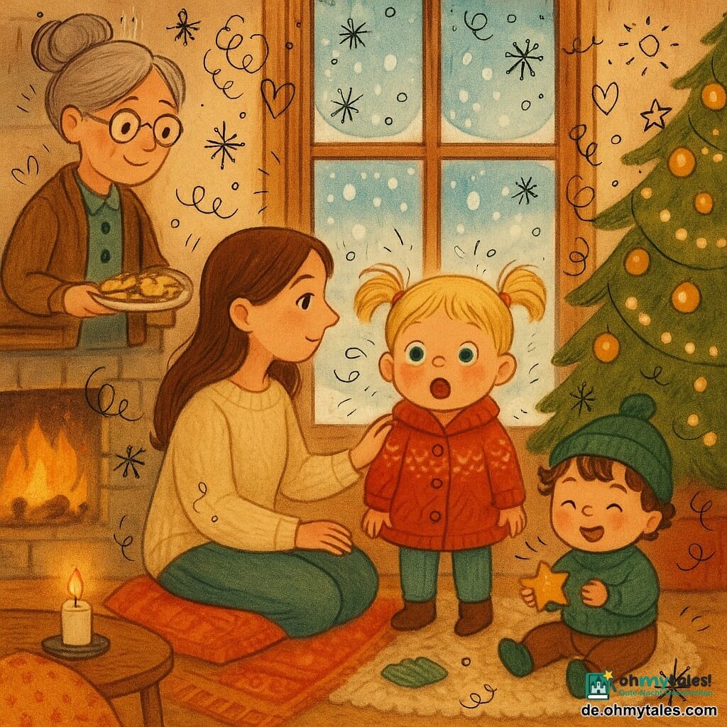 Ein warmes Winterwohnzimmer: durch eine beschlagene Fensterfront fallen große Schneeflocken; ein vierjähriges blondes Mädchen mit Zöpfen, runde glänzende Augen und geröteten Wangen drückt die Nase gegen das Glas, trägt einen roten Wollmantel; neben ihr sitzt die etwa 30-jährige Mutter, lächelnd und sanft, mit cremefarbenem Strickpullover und Hand auf ihrer Schulter; ein zweijähriger Bruder mit braunen Locken und Mütze sitzt auf dem Teppich und hält ein Sternspielzeug; die Großmutter (ca. 70) mit grauem Dutt und runden Brillen reicht ein Tablett mit Plätzchen; dekorierter Weihnachtsbaum mit Lichterketten und goldenen Kugeln, brennende Kerze auf dem Tisch, steinerner Kamin mit sanfter Flamme, dicker Teppich und bunte Kissen; Atmosphäre warm, friedlich und einladend, goldene Beleuchtung von Kerze und Lichterketten, Stil: warme Farben, einfache runde Konturen, sichtbare Woll- und Holztexturen, kleine Doodles (Flocken, Sterne, Herzen) um die Figuren.