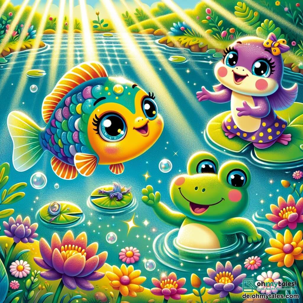 Ein kleiner bunter Fisch namens Finn, mit schimmernden Schuppen in Blau- und Grüntönen, schwimmt fröhlich in einem sonnigen Teich und zeigt eine neugierige und begeisterte Miene. Neben ihm sind zwei freundliche Frösche: Lila, ein lila Frosch mit funkelnden Augen, der fröhlich auf einem Seerosenblatt hüpft, und Max, ein grüner Frosch mit gelben Flecken, der begeistert applaudiert, während er an der Wasseroberfläche schwebt. Der Teich ist von strahlenden Blumen und üppigen Wasserpflanzen umgeben, während Sonnenstrahlen auf der Wasseroberfläche funkeln und eine magische Landschaft schaffen. Die Szene zeigt Finn und seine Freunde, die Müll im Wasser aufsammeln, entschlossen, ihren wertvollen Lebensraum zu reinigen, mit Lächeln auf ihren Gesichtern, was die Bedeutung des Naturschutzes verdeutlicht.