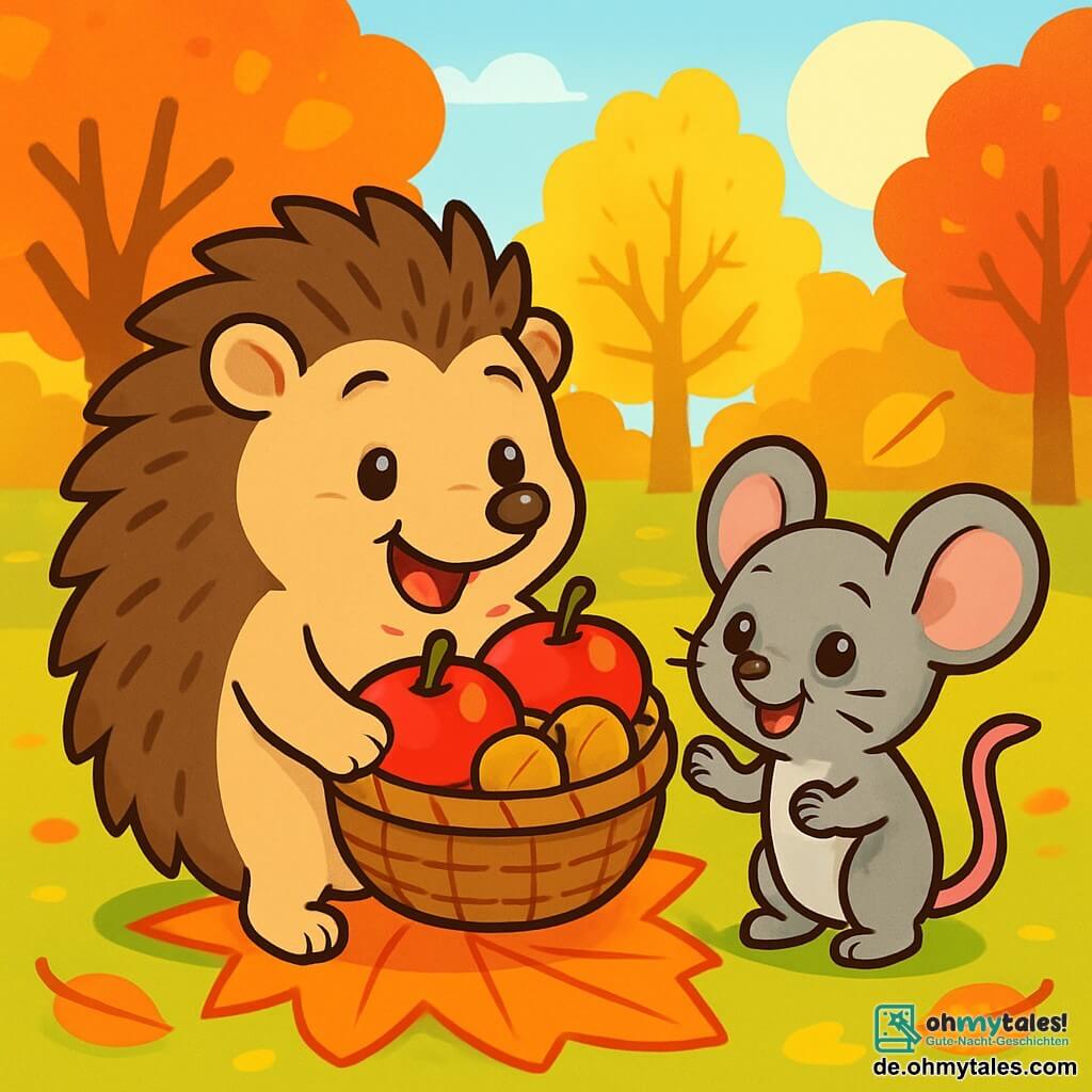 Ein kleiner Igel namens Max, mit braunem Fell und weichen Stacheln, lächelt fröhlich, während er einen kleinen Korb voller roter Äpfel und goldener Nüsse hält. Seine Augen funkeln vor Aufregung, während er auf einem großen, leuchtend orangefarbenen Ahornblatt steht. Neben ihm schaut eine kleine Maus namens Mia, mit grauem Fell und großen runden Ohren, bewundernd auf den Korb. Sie hat ein erfreutes Lächeln und ihre kleinen Pfoten sind erhoben, bereit Max zu helfen. Die Szenerie ist ein herbstlicher Park, mit Bäumen, deren Blätter in leuchtendem Rot, Gelb und Orange erstrahlen, und einem Boden, der mit knusprigen Blättern bedeckt ist. Die Sonne scheint sanft durch die Äste und schafft eine warme, einladende Atmosphäre. Max und Mia bereiten ein Herbstfestmahl vor, lachen und teilen Ideen über Rezepte, während sie die Schönheit der Farben der Natur um sich herum bewundern.