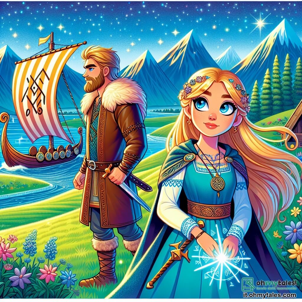 Astrid, una giovane donna dai capelli dorati e dagli occhi brillanti come stelle, si trova su una collina verdeggiante, con il viso illuminato da meraviglia e determinazione. Indossa un abito vichingo in lino blu, decorato con simboli runici, e tiene una stella scintillante nella mano. Accanto a lei, Leif Erikson, un uomo alto e muscoloso di circa 30 anni, con capelli lunghi e barba dorata, osserva l'orizzonte con uno sguardo sicuro. Indossa una tunica di pelle e un mantello di pelliccia, pronto per l'avventura. Il paesaggio è una vasta pianura verde, punteggiata di fiori colorati, con montagne maestose sullo sfondo e un cielo stellato che brilla sopra di loro. La scena principale mostra Astrid e Leif pronti a imbarcarsi su un magnifico drakkar vichingo, con vele decorate con motivi di draghi, mentre onde dolci si infrangono sulla riva. L'atmosfera è carica di eccitazione e magia, mentre si preparano a scoprire la terra promessa di Vinland.