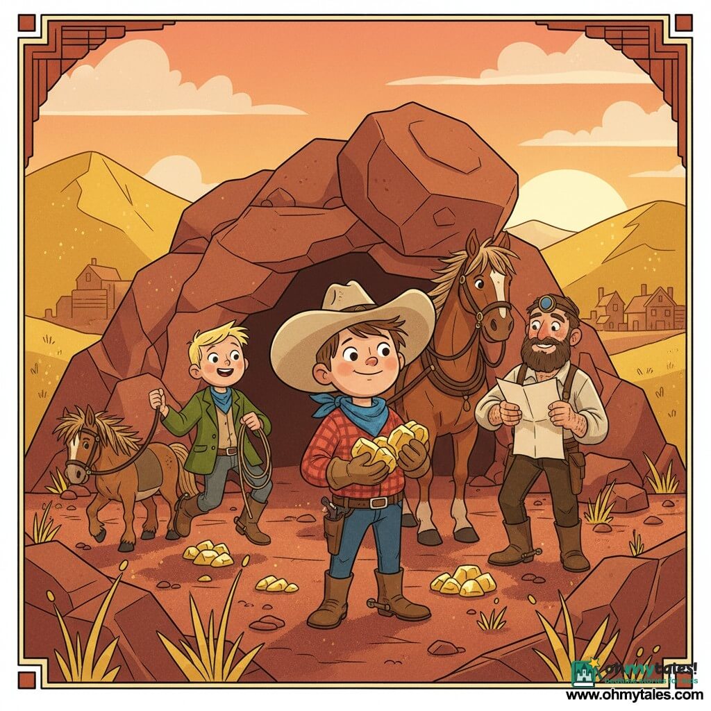 A 12-year-old boy, Jake, round-faced with tousled brown hair, smiles proudly holding shiny gold nuggets in gloved hands while wearing a beige cowboy hat, red plaid shirt, blue neckerchief and dusty boots; to his left an excited ~13-year-old Ben with blond hair bounces holding a rope and a small shaggy pony tied behind him, and to his right a bearded ~40-year-old Caleb with tanned skin and calloused hands wipes miner’s dust from his clothes, smiling with relief and clutching a crumpled old map; nearby the bay horse Dusty pants and watches the cave entrance, which is partially blocked by a huge fallen boulder, as gold flecks glitter on the red-dust ground in a valley of golden hills with angular rocks, yellow grasses and a small wooden town under an orange-pink sunset — mood triumphant and united, warm sunset light highlighting metal and earth textures — graphic style: simplified geometric shapes, saturated warm colors, thick outlines, art-deco decorative motifs, grainy dust textures and bright metallic highlights.