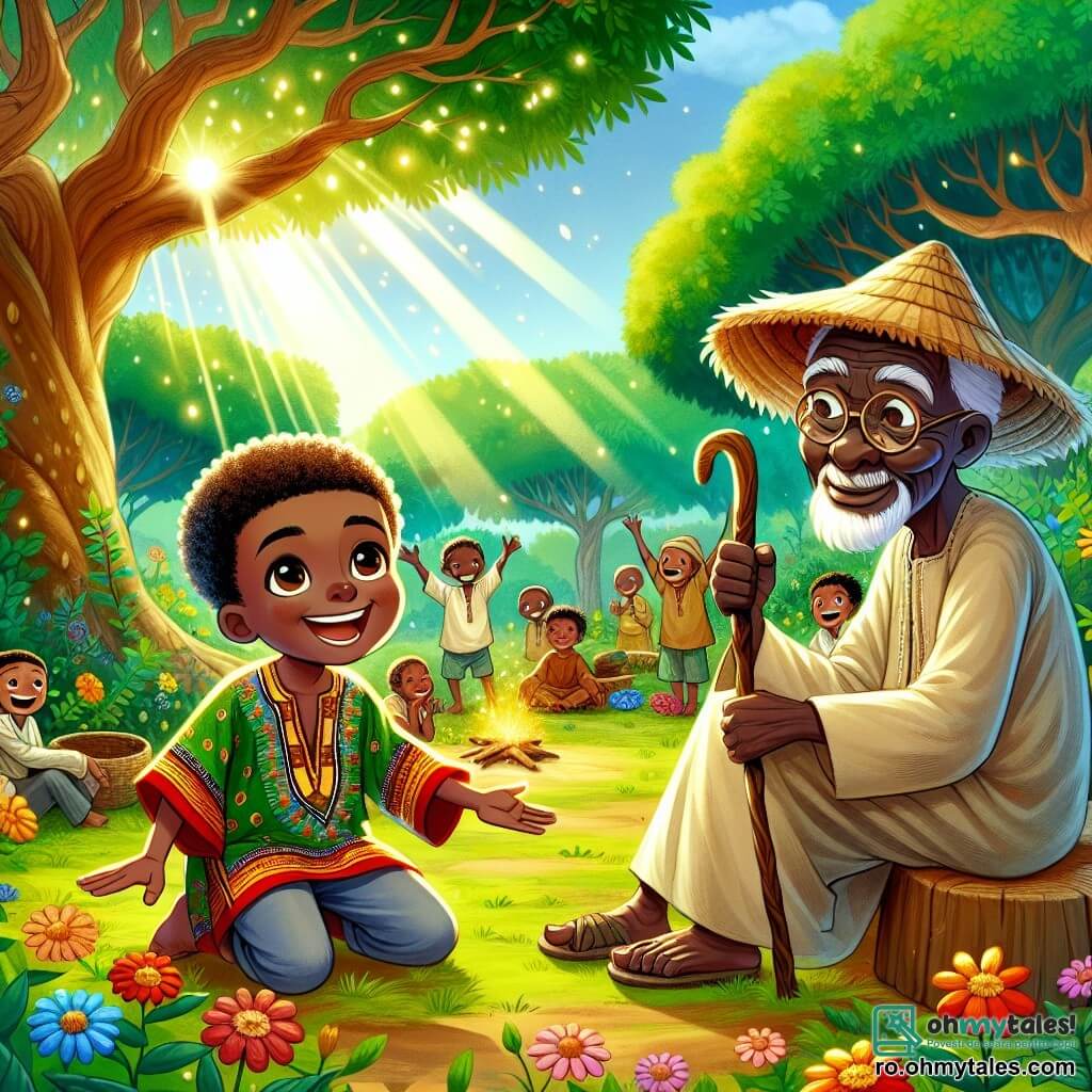 Kofi, un băiat de 12 ani, stă în centrul scenei cu un zâmbet larg pe față. Are părul creț și ochii strălucitori de curiozitate. Poartă o tunică colorată din țesătură africană tradițională, împodobită cu modele vibrante, și ține în mână o piatră prețioasă albastră, iluminată de soare. La dreapta sa, Baba Tunde, un bărbat de 70 de ani, stă pe o bancă din lemn, având o privire binevoitoare și riduri care spun povești de înțelepciune. Poartă o cămașă din in și o pălărie din paie, ținând în mână un baston din lemn sculptat, ascultându-l cu atenție pe Kofi. În fundal, un grup de copii, băieți și fete cu vârste între 8 și 12 ani, se joacă împreună, râzând și dansând în jurul unui foc de tabără, creând o atmosferă veselă și festivă. Locul este o poiană verde în mijlocul unei păduri luxuriante, cu copaci măreți și flori colorate. Lumina soarelui filtrează printre ramuri, creând un joc de umbre și lumini pe pământ. Situația principală arată cum Kofi își împărtășește descoperirea pietrei magice cu Baba Tunde, în timp ce copiii dansează fericiți în jurul lor, simbolizând unitatea și magia comunității.
