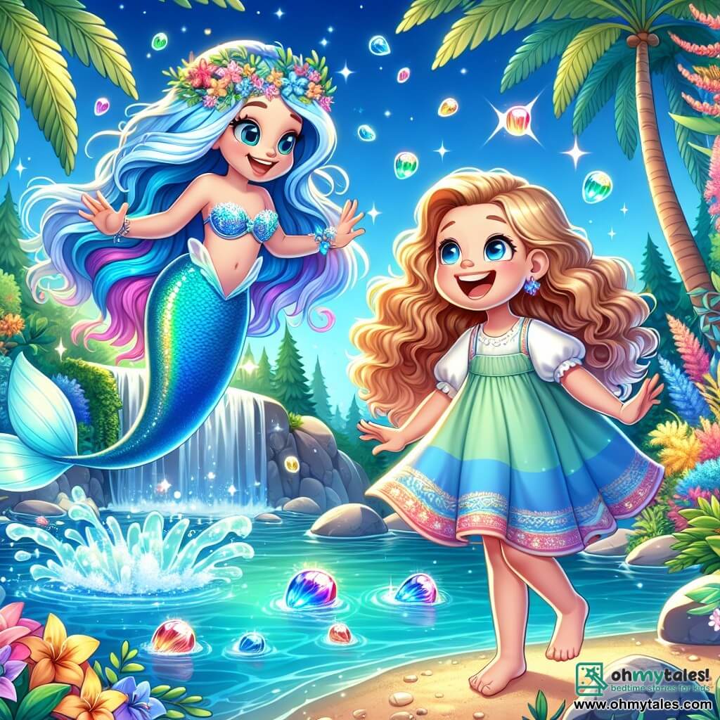 In a magical oasis, a beautiful mermaid named Mira, with long wavy hair of bright blue and a shimmering turquoise tail, swims joyfully in the clear water, her face radiant with happiness and excitement. Beside her, a little girl named Lila, about eight years old with curly golden hair, wears a light dress in vibrant colors. She stands on the shore, her feet in the water, smiling and laughing as she watches her new friend. The oasis is surrounded by lush palm trees and vibrant flowers, with a bright blue sky and sunlight dancing on the water's surface, creating sparkling reflections. The scene shows Mira and Lila celebrating their friendship, surrounded by colorful magical stones that shine around them, while a gentle breeze rustles the leaves of the trees, bringing a joyful and enchanted atmosphere.