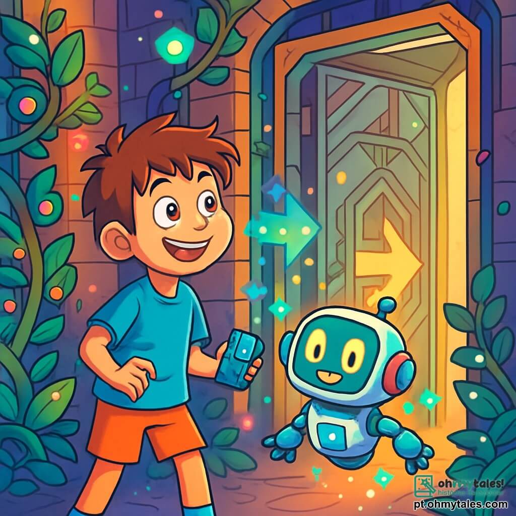 Um garoto de 10 anos, chamado Theo, com cabelos castanhos bagunçados e olhos brilhantes de curiosidade, está em frente a uma porta de metal antiga, seu rosto iluminado pela excitação e admiração. Ele usa uma camiseta azul vibrante e um short laranja, segurando um pequeno gadget futurista na mão. Ao seu lado, seu amigo robô, Pixel, tem uma forma humanoide com luzes piscantes e uma tela que exibe expressões alegres. Pixel flutua levemente acima do chão, projetando hologramas coloridos ao redor deles. O local é um beco escondido de Aurora, cercado por paredes cobertas de plantas mecânicas coloridas, com luzes cintilantes dançando no ar. A porta de metal, adornada com padrões geométricos futuristas, se abre lentamente, revelando um interior luminoso e misterioso. A cena principal mostra Theo, com os olhos arregalados, pronto para entrar neste mundo secreto, enquanto Pixel o incentiva com hologramas de setas apontando para dentro.