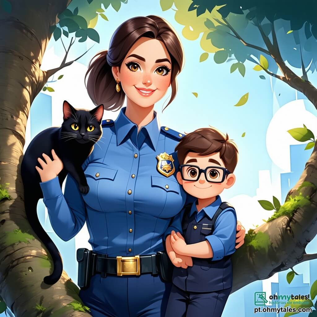 A policial Sofia, uma mulher de cerca de trinta anos, é retratada com cabelos castanhos presos em um rabo de cavalo, vestindo um uniforme azul com um distintivo brilhante no peito. Ela exibe um sorriso caloroso e determinado, segurando um gato preto em seus braços, enquanto está em pé em um galho de árvore, pronta para descer. Ao seu lado, Victor, um garoto de 12 anos com cabelos castanhos e óculos, observa com admiração, os olhos arregalados de surpresa e alegria. Ele usa uma camiseta vermelha e um short azul, e está em pé no chão, com as mãos na cintura, como se estivesse pronto para aplaudir. O cenário é um parque ensolarado, com árvores verdes, flores coloridas e um céu azul claro com algumas nuvens brancas. Ao longe, é possível ver outras crianças brincando em balanços e escorregadores, adicionando uma atmosfera alegre à cena. A situação principal mostra Sofia salvando um gato preso em uma árvore, enquanto Victor a incentiva, ilustrando o espírito de ajuda mútua e aventura que reina em sua comunidade.