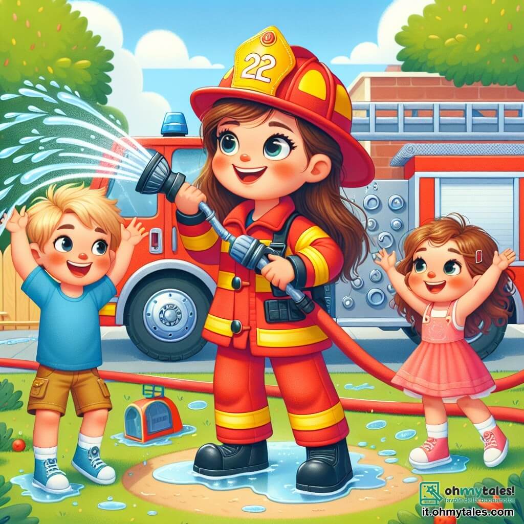 Una giovane pompiere, Sofia, è al centro dell'immagine, sorridente e piena di energia. Indossa un'uniforme rossa brillante, un casco giallo e i suoi capelli castani sono raccolti in una coda di cavallo. Tiene una manichetta d'acqua, spruzzando felicemente gocce d'acqua intorno a sé, mostrando il suo entusiasmo per il lavoro. Alla sua destra, un ragazzo di nome Marco, di circa 8 anni, la guarda con meraviglia. Ha capelli biondi disordinati e indossa una maglietta blu. Sta saltando di gioia, con le braccia alzate, come se volesse toccare l'acqua che sprizza. A sinistra di Sofia, una bambina di nome Sofia, di circa 7 anni, osserva con occhi spalancati. Ha capelli lunghi e ricci e indossa un vestito rosa. Tiene in mano un piccolo giocattolo di camion dei pompieri, affascinata dalla dimostrazione. La scena si svolge in un cortile scolastico soleggiato, circondato da alberi verdi e giochi per bambini. Il grande camion dei pompieri rosso è parcheggiato sullo sfondo, con sirene brillanti e attrezzi visibili sul lato. La situazione principale mostra Sofia che fa una dimostrazione di lotta contro il fuoco, spruzzando acqua sui bambini mentre spiega l'importanza del lavoro di squadra e della sicurezza. I bambini ridono e si divertono, catturati dall'energia positiva di Sofia e dal suo amore per il mestiere.