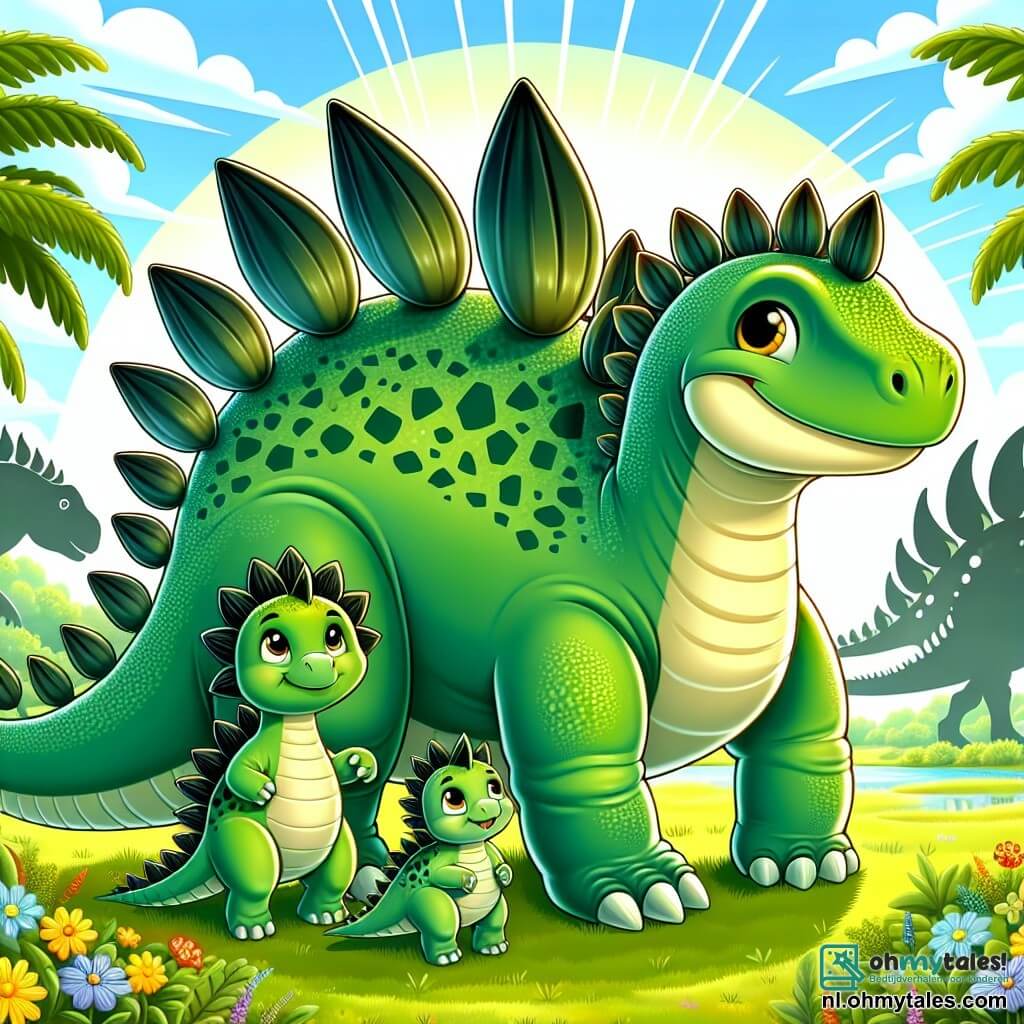 Een stegosaurus genaamd Stego, groot en majestueus, met een schitterende groene huid en prachtige ruitvormige platen langs zijn rug, staat trots in het midden van de afbeelding. Zijn ogen stralen dappere vastberadenheid uit terwijl hij zijn gezin beschermt. Naast hem staan twee kleine dinosaurussen, Spike, een ondeugende stegosaurus met kleinere platen en een ondeugende glimlach, en Bobo, een timide stegosaurus met grote bezorgde ogen, die hun grote broer bewonderend aankijken. De achtergrond is een uitgestrekt zonnig veld, bezaaid met kleurrijke bloemen en grote groene bomen, met een lichte bries die de bladeren laat dansen. In de verte tekent zich een dreigende schaduw van Velociraptors af, wat een spanningsvolle sfeer creëert. De scène vangt het moment waarop Stego, moedig, opstaat om zijn gezin te verdedigen tegen het opkomende gevaar, klaar om hen dapper te beschermen.