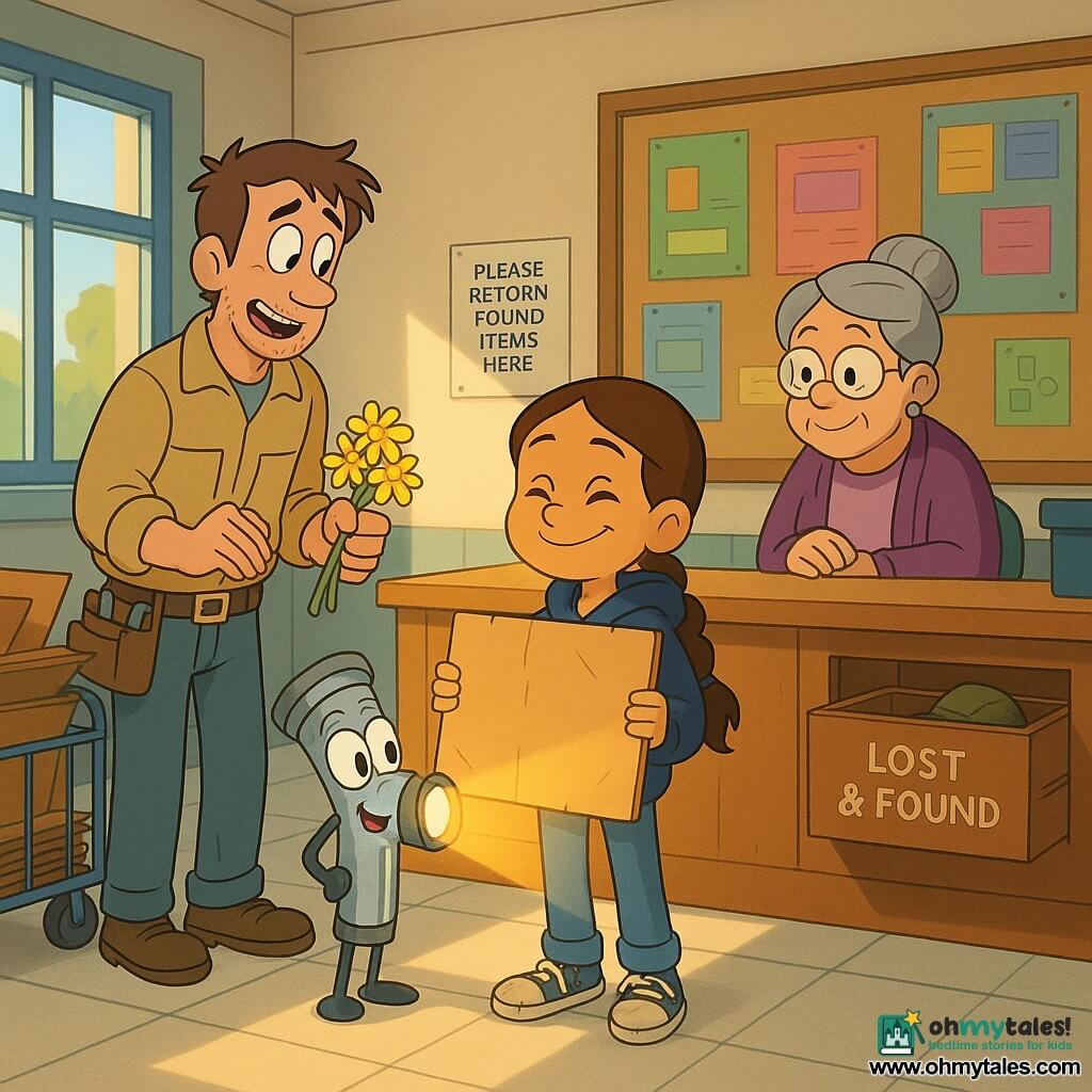 Main character: Mina, about 10, long braid, navy hoodie and worn sneakers, determined smile, holding a refurbished cardboard sign to her chest while Pip, a small silver flashlight with lens-eyes, casts a warm beam on the sign. Secondary: Ned, thirties, beige work jacket and tool belt, awkward but relieved, offering a small bunch of yellow daisies to Mina, standing left near a cart of flattened boxes. Secondary: Ms. Dallow, elderly with gray hair in a bun, round glasses and purple cardigan, looking touched and grateful, seated behind a wooden counter with an open "lost & found" drawer. Location: bright community center hall with light tile floor, large windows letting in a sun patch, bulletin board with colorful posters and two yellowed tape marks on the wall, potted plants and a mop bucket in the background. Main scene: a calm joyful return — Mina rehanging the repaired "PLEASE RETURN FOUND ITEMS HERE." sign with Pip lighting the corners, Ned offering flowers in apology, Ms. Dallow watching emotionally; warm atmosphere, vivid colors, soft lines and clear expressions.