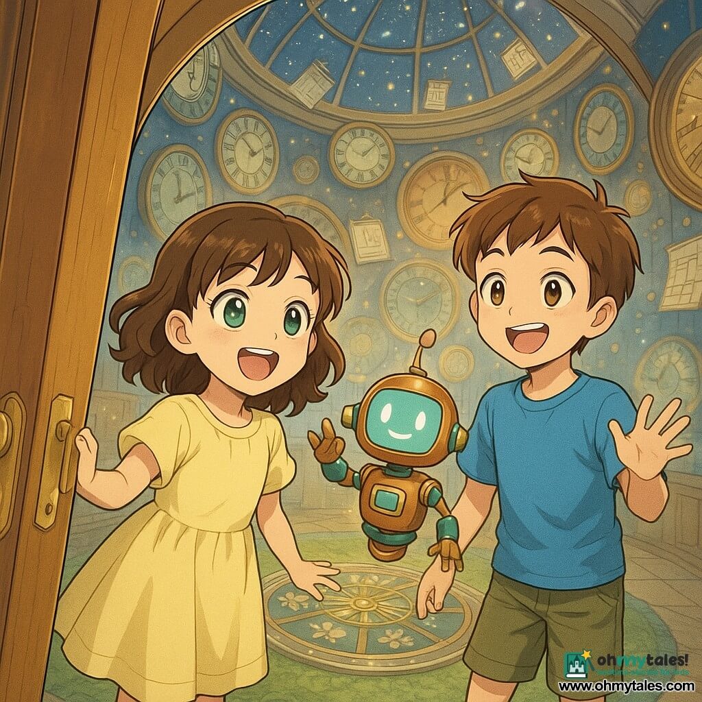 An 8-year-old girl, joyful and amazed, with shoulder-length curly brown hair and bright green eyes in a pale yellow dress gently holding the handle of a sparkling door; beside her an enthusiastic 8-year-old boy with short chestnut hair, a blue T-shirt and khaki shorts smiling and raising a hand to invite entry; a small copper-and-turquoise guide robot named Tinker with a smiling face-screen floats in front waving an antenna; they stand in a circular observatory lined with antique clocks, rotating colorful dials, floating calendars and starry windows filtering golden light, a soft green carpet and a chrome wheel with seasonal symbols; the door opens onto the magical observatory, the girl wide-eyed, the boy clapping, the robot welcoming — warm, curious, glittering atmosphere.