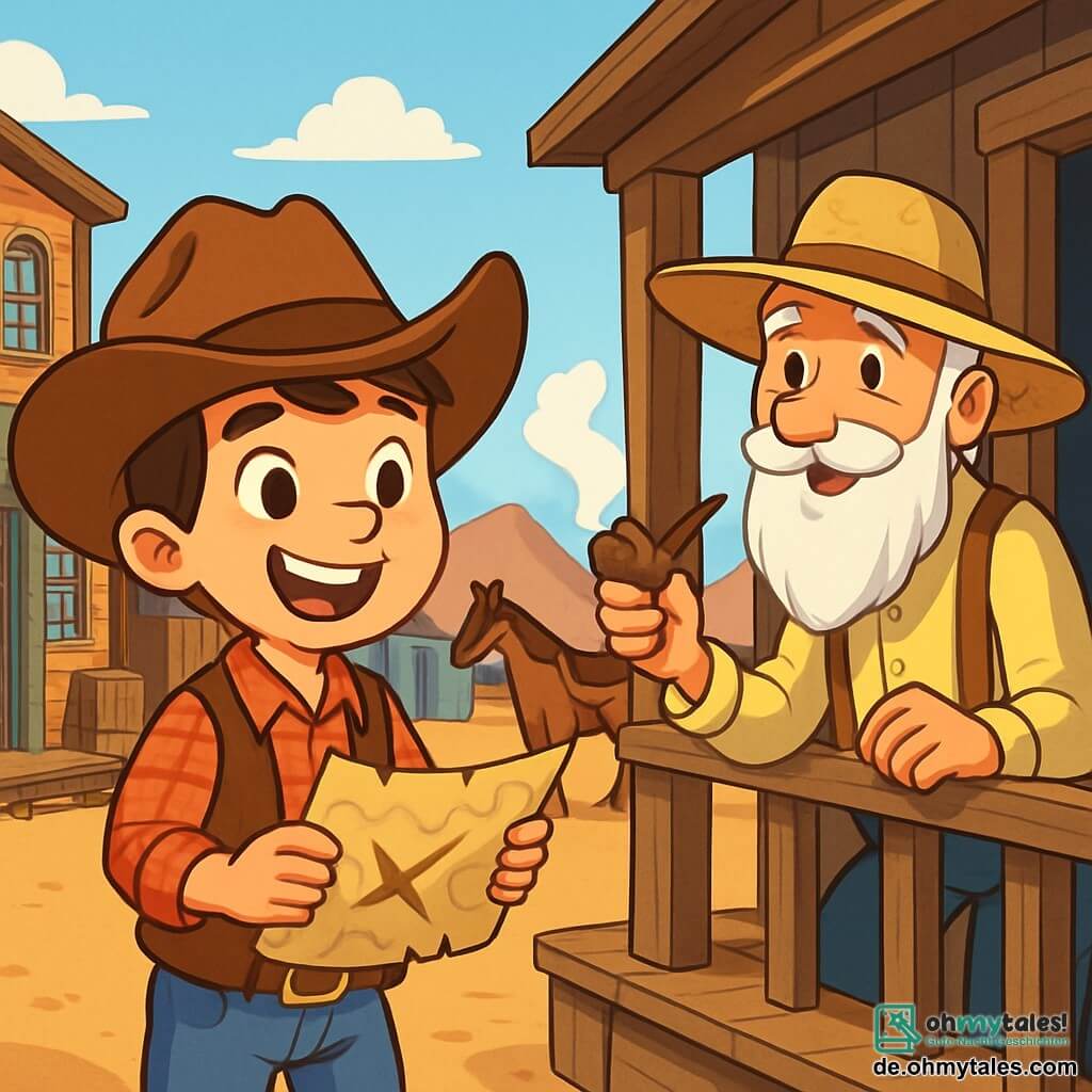 Ein junger Cowboy, Tommy, ein 10-jähriger Junge, steht im Mittelpunkt der Szene mit einem großen Cowboyhut auf dem Kopf, funkelnden Augen vor Neugier und einem breiten Lächeln im Gesicht. Er trägt ein rotes kariertes Hemd, eine Lederweste und Denim-Hosen. In seinen Händen hält er eine Schatzkarte und schaut aufgeregt um sich. Neben ihm steht Opa Sam, ein 70-jähriger Mann mit einem langen weißen Bart und einem Strohhut, auf der Veranda eines alten Holz-Saloons. Er beobachtet Tommy mit einem wohlwollenden Blick, eine Pfeife in der Hand, als wüsste er, dass ein Abenteuer auf ihn wartet. Die Kulisse zeigt eine kleine Stadt im amerikanischen Westen mit bunten Holzbauten, Holzfässern und Pferden, die an Pfählen angebunden sind. Der Himmel ist blau mit einigen weißen Wolken und in der Ferne sind Berge zu sehen. Die Hauptsituation zeigt Tommy, voller Begeisterung, bereit, nach dem geheimnisvollen Schatz zu suchen, während Opa Sam ihm ein ermutigendes Zeichen gibt und eine Atmosphäre von Abenteuer und Kameradschaft schafft.