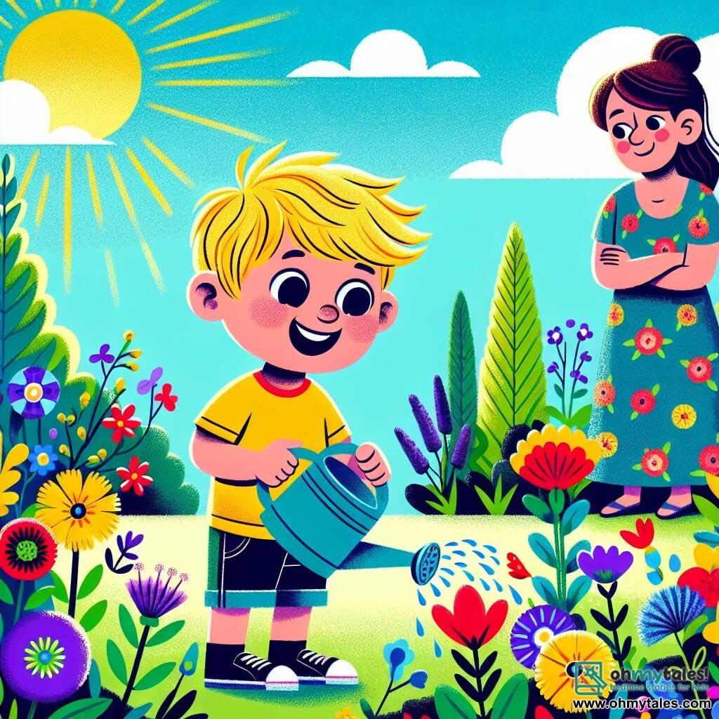 A 2-year-old boy with messy blonde hair and sparkling eyes is crouched in a colorful garden, watering flowers with a small blue watering can. He wears a yellow t-shirt and denim shorts, and his face is lit up by a big smile, showing his wonder for spring. Next to him, his mother, a woman around 30 with brown hair in a bun and a floral dress, watches him with a caring smile. She stands with her hands on her hips, admiring her son's work near a bed of vibrant flowers. The garden is filled with red, yellow, and purple flowers, surrounded by lush greenery. The sky is bright blue with a few fluffy white clouds, and a ray of sunshine illuminates the scene, creating a joyful, spring-like atmosphere. In this illustration, the little boy enthusiastically waters the flowers while his mother encourages him, creating a tender and joyful moment of sharing in the beauty of the garden in spring.