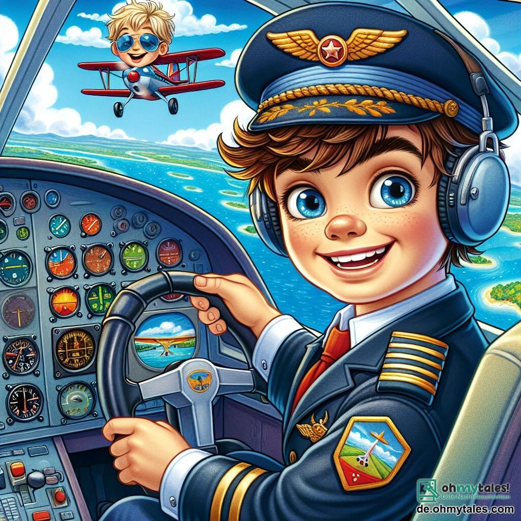 Ein Pilot namens Anton sitzt im Cockpit seines kleinen Flugzeugs, mit einem breiten Lächeln im Gesicht und funkelnden Augen vor Aufregung. Er trägt einen dunkelblauen Pilotenanzug und eine Mütze mit einem goldenen Abzeichen, seine braunen Haare sind vom Wind leicht zerzaust. Neben ihm sitzt ein etwa 8-jähriger Junge namens Max auf dem Passagiersitz, seine Augen strahlen vor Freude. Er trägt eine große Sonnenbrille und ein rotes T-Shirt mit Flugzeugen darauf, seine blonden Haare wehen leicht im Wind. Das Cockpit ist mit bunten Instrumenten, Hebeln und glänzenden Ziffernblättern gefüllt, und durch die Windschutzscheibe sieht man einen strahlend blauen Himmel mit einigen fluffigen weißen Wolken. Die Hauptsituation zeigt Anton und Max, die über wunderschöne Landschaften mit funkelndem Meer und grünen Wäldern fliegen, während sie sich darauf vorbereiten, eine Wolke zu durchqueren, was eine Atmosphäre von Abenteuer und Entdeckung schafft.