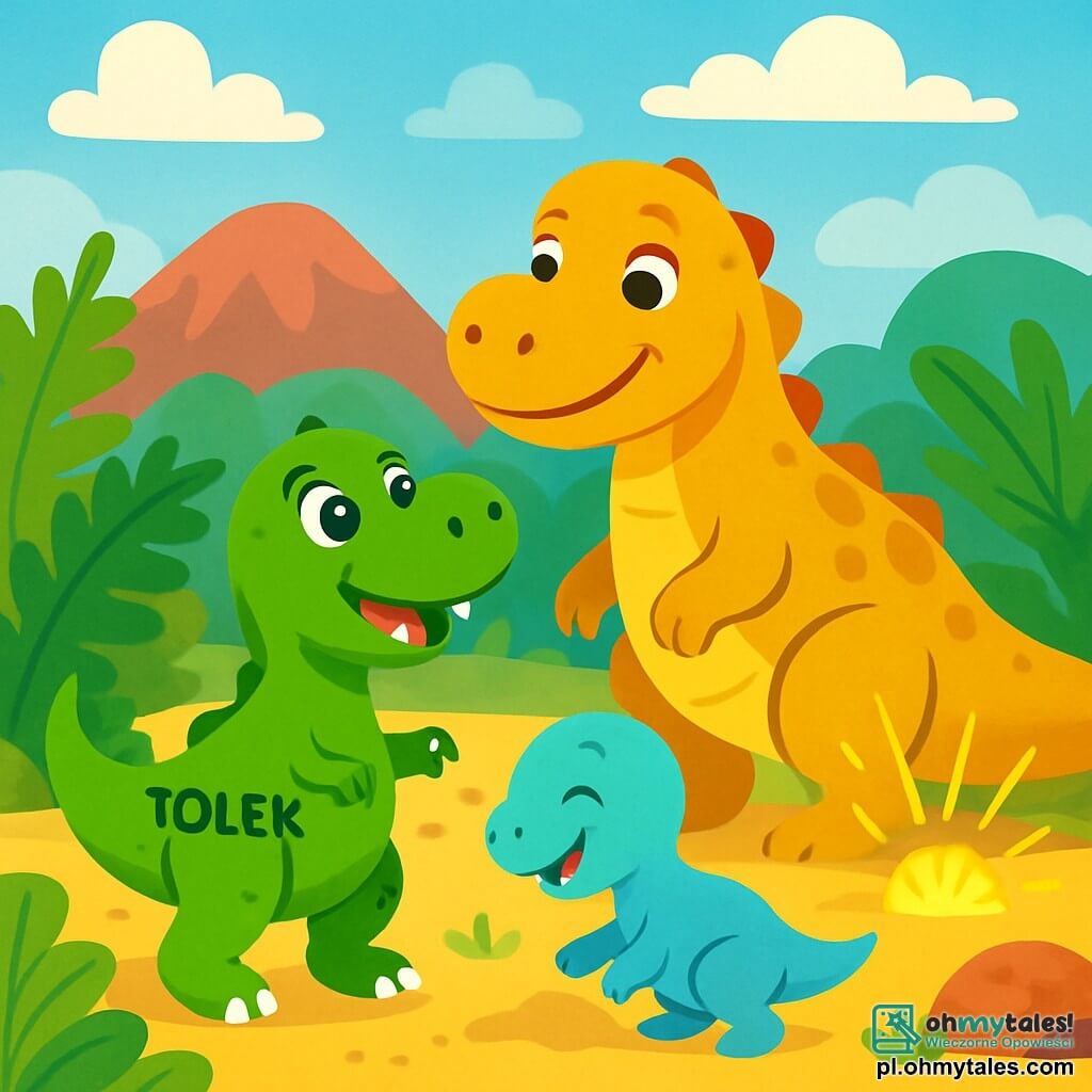 Tyranozaur Rex o imieniu Tolek, z błyszczącą zieloną skórą i błyszczącymi z ciekawości oczami, stoi na tylnych łapach, z lekko otwartą paszczą, pokazując swoje duże białe zęby. Obok niego jego mama, duży Tyranozaur Rex o złotych łuskach, patrzy na niego z ochronnym uśmiechem, podczas gdy jego młodszy brat, młody dinozaur o jasnoniebieskich łuskach, radośnie bawi się w piasku. Tło to prehistoryczna dolina, wypełniona dużymi zielonymi paprociami, kolorowymi skałami i niebieskim niebem usianym puszystymi chmurami. W oddali tajemniczy złoty blask przyciąga uwagę Toleka, który podchodzi z podekscytowaniem, gotowy odkryć ukryty skarb.