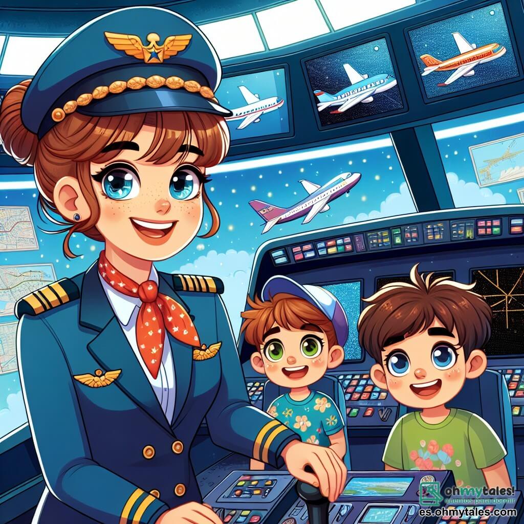 Una mujer piloto sonriente, de unos 30 años, con cabello castaño recogido en un moño y vistiendo un uniforme de piloto azul con una bufanda roja, se encuentra frente a un simulador de vuelo. Ella muestra a los niños cómo usar los controles, con los ojos brillantes de entusiasmo y pasión por la aviación. A su lado, Raúl, un niño de 10 años con una gorra azul y una camiseta verde, observa atentamente el panel de control, con los ojos abiertos de curiosidad. Sofía, una niña de 9 años con trenzas y una camiseta de colores, está sentada en el asiento del piloto, sonriendo mientras sostiene el volante, lista para aterrizar. El escenario es una sala de simulador de vuelo moderno, con pantallas que muestran paisajes aéreos y instrumentos brillantes. Pósters de diferentes aviones decoran las paredes y luces suaves crean un ambiente acogedor. La situación principal muestra a la mujer piloto enseñando a los niños a volar en el simulador, con una atmósfera de alegría y aprendizaje, llena de risas y emoción.