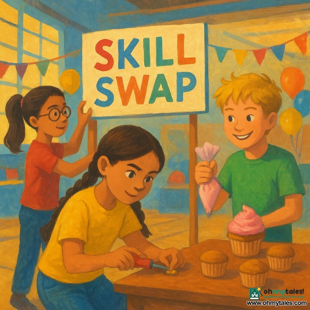 A 10-year-old girl, Maya, with brown hair in braids and eyes sparkling with determination, is kneeling in front of a table, holding a small colorful screwdriver. She is wearing a bright yellow t-shirt and blue jeans. Next to her, an 11-year-old boy, Leo, with messy blond hair and a mischievous smile, holds a piping bag filled with pink icing. He stands ready to decorate cupcakes on a nearby table. Behind them, a 10-year-old girl, Priya, with a high ponytail and round glasses, hangs a colorful sign that says "Skill Swap." The scene takes place in a school gym filled with colorful stands and floating balloons. Sunlight streams through the large windows, illuminating the focused faces of the children. The main scene shows Maya and her friends preparing their booth for the skills fair, illustrating collaboration and gender equality in a joyful and inclusive environment.