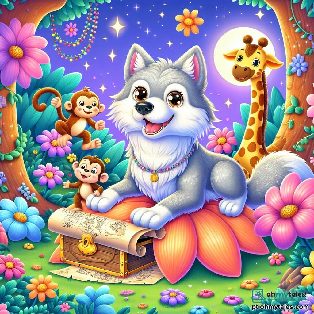 Um lobo chamado Lobo Lelé, com pelagem suave e prateada, olhos curiosos e um largo sorriso no rosto, está sentado no meio de um jardim encantado, segurando um velho rolo de mapa do tesouro. Ao seu lado, um pequeno macaco chamado Mico, com pelagem marrom e olhos travessos, sobe alegremente em uma flor gigante, enquanto uma girafa chamada Gigi, com um longo pescoço manchado e uma expressão amigável, se inclina para olhar o tesouro. O jardim está cheio de flores coloridas que dançam suavemente ao vento, com estrelas brilhantes no céu noturno. Lobo Lelé e seus amigos descobrem uma caixa brilhante no meio das flores, revelando um tesouro de frutas suculentas, prontas para um piquenique alegre.