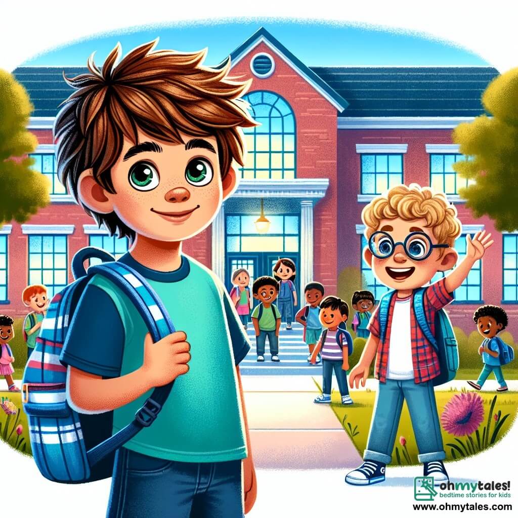 A 12-year-old boy, Alex, with messy brown hair and sparkling eyes full of excitement, stands in front of his school entrance. He wears a bright blue T-shirt and jeans, with a brand-new backpack on his shoulders, his face expressing a mix of enthusiasm and nervousness. Next to him, his friend Sam, also 12, with round glasses and blonde hair, smiles and waves, ready to enter the school. In the background, the school is a large red brick building with bright windows and a courtyard filled with children laughing and chatting. The scene shows Alex and Sam heading towards the entrance, surrounded by a joyful and lively atmosphere, symbolizing the start of a new school year full of promise.