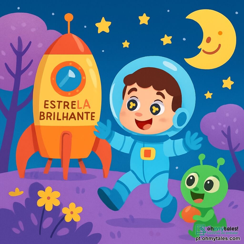 Um homem sorridente, chamado Miguel, flutua alegremente em seu traje espacial azul, com estrelas brilhantes em seus olhos arregalados de admiração. Ele está ao lado de sua grande e brilhante nave espacial, a "Estrela Brilhante", que tem cores vivas e janelas luminosas. Ao seu lado, um pequeno alienígena verde chamado Pipo, com grandes olhos amarelos e um sorriso amigável, salta de alegria na macia grama lilás do Planetinha Alegre. Ele está cheio de energia e olha para Miguel com admiração, segurando uma fruta redonda e brilhante em suas pequenas mãos. O cenário é uma paisagem fantástica, com árvores lilás de folhas cintilantes e flores amarelas vibrantes que dançam sob uma brisa suave. O céu é de um azul profundo, salpicado de estrelas cintilantes e de uma grande lua sorridente. A cena principal mostra Miguel e Pipo rindo e dançando juntos, celebrando sua nova amizade sob as árvores coloridas, cercados pela magia do espaço.