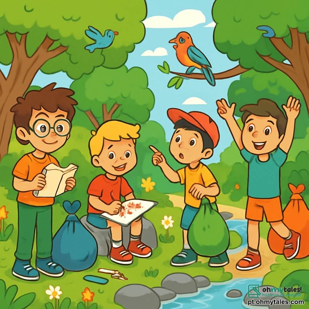 Há 4 crianças: - Lucas: um garoto de 11 anos, com cabelo castanho bagunçado e óculos redondos. Ele segura um caderno e observa atentamente a natureza ao seu redor. - Pedro: um garoto de 10 anos, com cabelo loiro e um sorriso radiante. Ele desenha em um grande papel, sentado em uma pedra, cercado por lápis de cor. - Tiago: um garoto de 11 anos, com cabelo preto e um boné vermelho. Ele aponta para um pássaro colorido empoleirado em um galho, com os olhos arregalados de admiração. - Miguel: um garoto de 10 anos, com cabelo castanho e uma energia contagiante. Ele está de pé, com os braços levantados, como se estivesse pronto para uma aventura. O local da cena principal é uma linda reserva natural, cheia de árvores majestosas com folhas verdes vibrantes, flores silvestres coloridas e um riacho cristalino que serpenteia entre as pedras. Pássaros cantam nos galhos, criando uma atmosfera tranquila e alegre. A cena principal da história mostra as crianças recolhendo lixo na reserva, com sacos de lixo coloridos nas mãos. Elas sorriem ao descobrir tesouros da natureza, como insetos e plantas, enquanto cuidam do meio ambiente. A atmosfera é cheia de entusiasmo e camaradagem, ilustrando seu compromisso com a proteção da natureza.