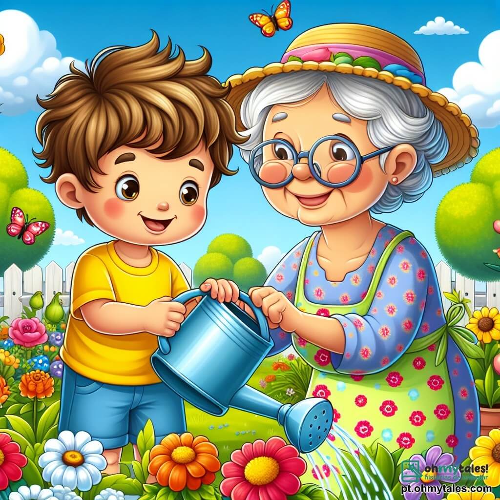 Um menino de 4 anos, com cabelos castanhos bagunçados e um grande sorriso alegre, rega flores coloridas em um jardim ensolarado. Ele usa uma camiseta amarela viva e um short azul, e seus olhos brilham de excitação. Ao lado dele, sua avó, uma mulher de cerca de 65 anos, com cabelos grisalhos presos em um coque e óculos redondos, lhe ensina como usar o pequeno regador. Ela veste um vestido florido e um chapéu de palha, inclinando-se levemente para ele com um sorriso carinhoso. O jardim está cheio de flores vibrantes, borboletas voando e vegetais verdes, sob um céu azul claro com algumas nuvens brancas. A cena principal mostra o menino e sua avó cuidando das plantas, compartilhando um momento de cumplicidade e alegria no coração da natureza.