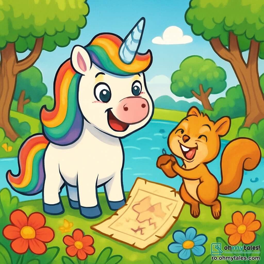 O unicorn numit Zâmbilici, cu o splendidă coafură în culorile curcubeului și un corn de cristal strălucitor, exprimă o bucurie radiantă, iar ochii ei sclipesc de curiozitate. Ea stă pe marginea unui lac cu ape cristaline, înconjurată de flori strălucitoare care dansează în vânt. Lângă ea, o veveriță mică numită Pufuleț, cu blană maro auriu și ochi jucăuși, sare de bucurie, ținând o mică alună în lăbuțe. Lacul, înconjurat de copaci mari cu trunchiuri răsucite și buchete de flori colorate, reflectă cerul albastru strălucitor. Zâmbilici și Pufuleț râd împreună, descoperind o hartă veche care îi conduce spre o aventură magică în căutarea Perlei Curcubeului.