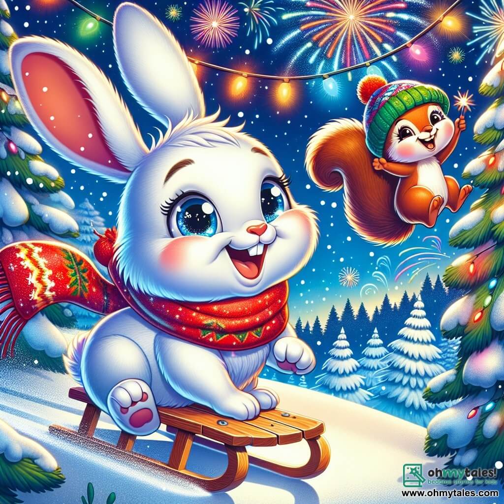 A small white rabbit named Benny, with big ears and sparkling eyes, stands atop a snowy hill, a radiant smile on his face. He wears a bright red scarf that flutters in the wind, holding a small wooden sled beside him. Nearby, a mischievous squirrel named Sally, with brown fur and a bushy tail, climbs a tree, laughing with joy. She wears a colorful woolen hat and waves a string of sparkling lights. The enchanting landscape features snow-covered fir trees, gently falling snowflakes from a starry sky, and a large bright moon illuminating the scene. Benny and his friends are ready to sled down the hill to celebrate the New Year, surrounded by laughter and excitement, as colorful fireworks light up the night sky in the background.