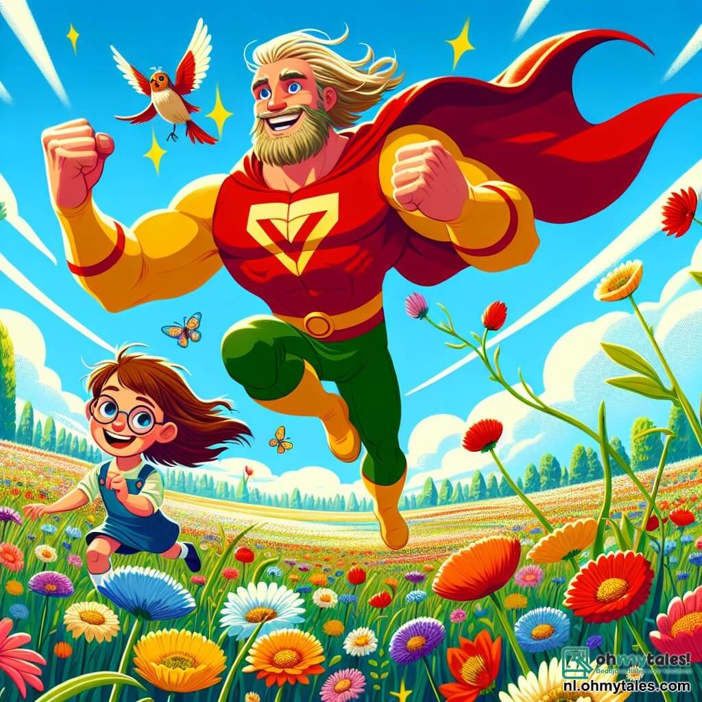 Een superheld genaamd Bliksemman, een gespierde man met een rode cape die in de wind wappert, glimlacht vrolijk terwijl hij met volle snelheid door een veld van kleurrijke bloemen rent. Zijn haar is blond en wild, en zijn ogen stralen van opwinding. Naast hem staat een meisje van ongeveer 8 jaar met bruin haar en ronde bril, die een vogel met heldere veren in haar handen houdt. Ze kijkt met bewondering naar Bliksemman, klaar om hem te helpen. De locatie is een uitgestrekt zonnig veld vol met kleurrijke bloemen die dansen in de lichte bries, met een stralende blauwe lucht en enkele donzige witte wolken. De hoofdscène toont Bliksemman en het meisje die naar de bloemen gaan die lijken te huilen, klaar om hen te helpen weer te glimlachen.
