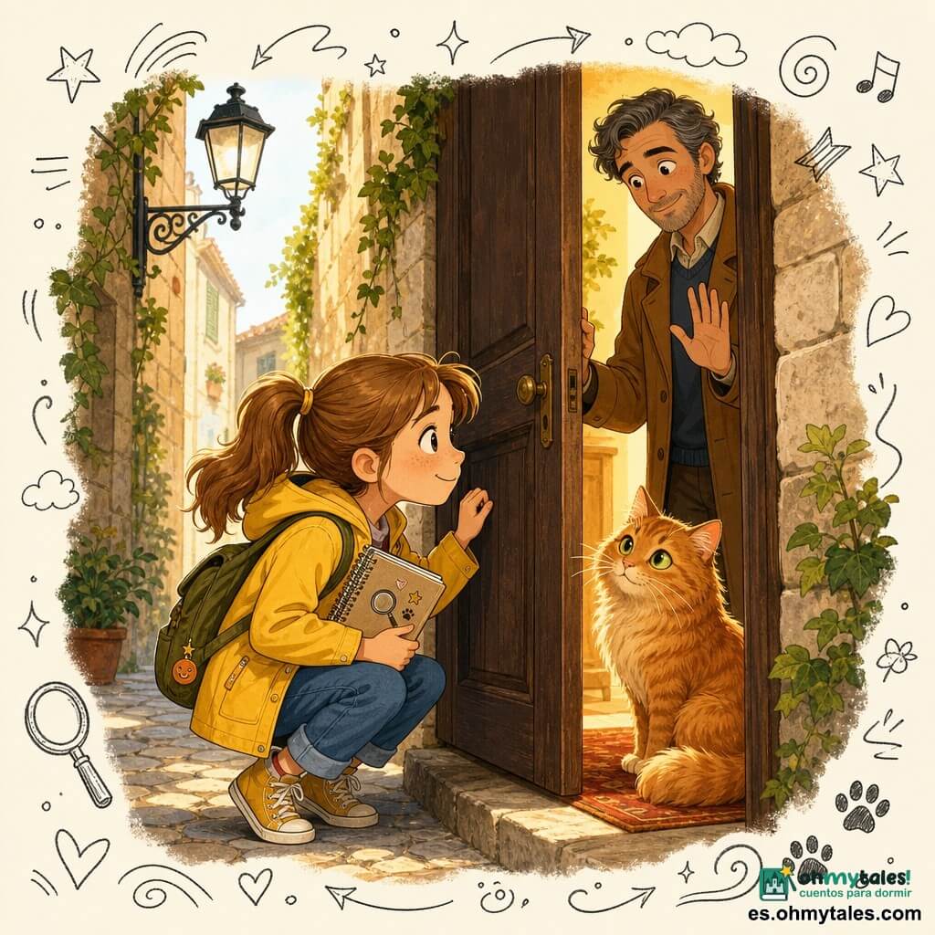 Niña de 10 años: Carla, curiosa y resuelta, cabello castaño claro en coletas, chaqueta amarilla, vaqueros remangados y cuaderno de detective, agachada mirando la puerta entreabierta con ojos brillantes y una leve sonrisa; Hombre de unos 40 años: Sr. López, calmado y amable, pelo sal y pimienta, abrigo marrón, en el umbral sonriendo y con la palma levantada para tranquilizar; Gato: Tomás, gato grande de pelaje rojizo y ojos verdes, sentado en una alfombra roja dentro, cola enroscada observando a Carla con curiosidad; Lugar: callejón estrecho adoquinado, muros de piedra beige con hiedra y farol de hierro, puerta de madera oscura entreabierta hacia un porche soleado; Situación: reencuentro acogedor y seguro tras el descubrimiento de Tomás en la casa del nuevo vecino, luz dorada entrando por la puerta y pequeños detalles gráficos de lupa, huellas y notas musicales superpuestos.