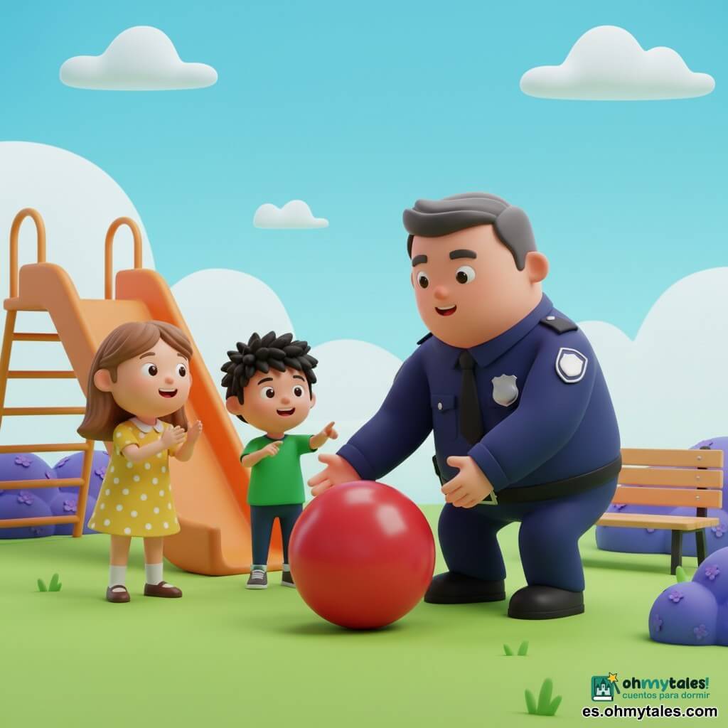Un policía de rostro redondo y sonrisa amable, cabello gris oscuro corto, uniforme azul marino con placa plateada, agachado y tendiendo la mano hacia una gran pelota roja brillante; una niña, Lucía, de unos 7 años, con coletas castañas y vestido amarillo de lunares blancos, sonriente y aplaudiendo; un niño, Mateo, de unos 4 años, con cabello negro despeinado y camiseta verde, señalando la pelota frente al tobogán donde estaba escondida. Parque luminoso y colorido con césped verde, tobogán naranja, bancos de madera clara, arbustos y flores malvas, cielo azul con nubes suaves. Momento alegre de reencuentro de la pelota, ambiente cálido y seguro, composición centrada en las personas y la pelota, colores vivos, sombras suaves y estilo infantil.