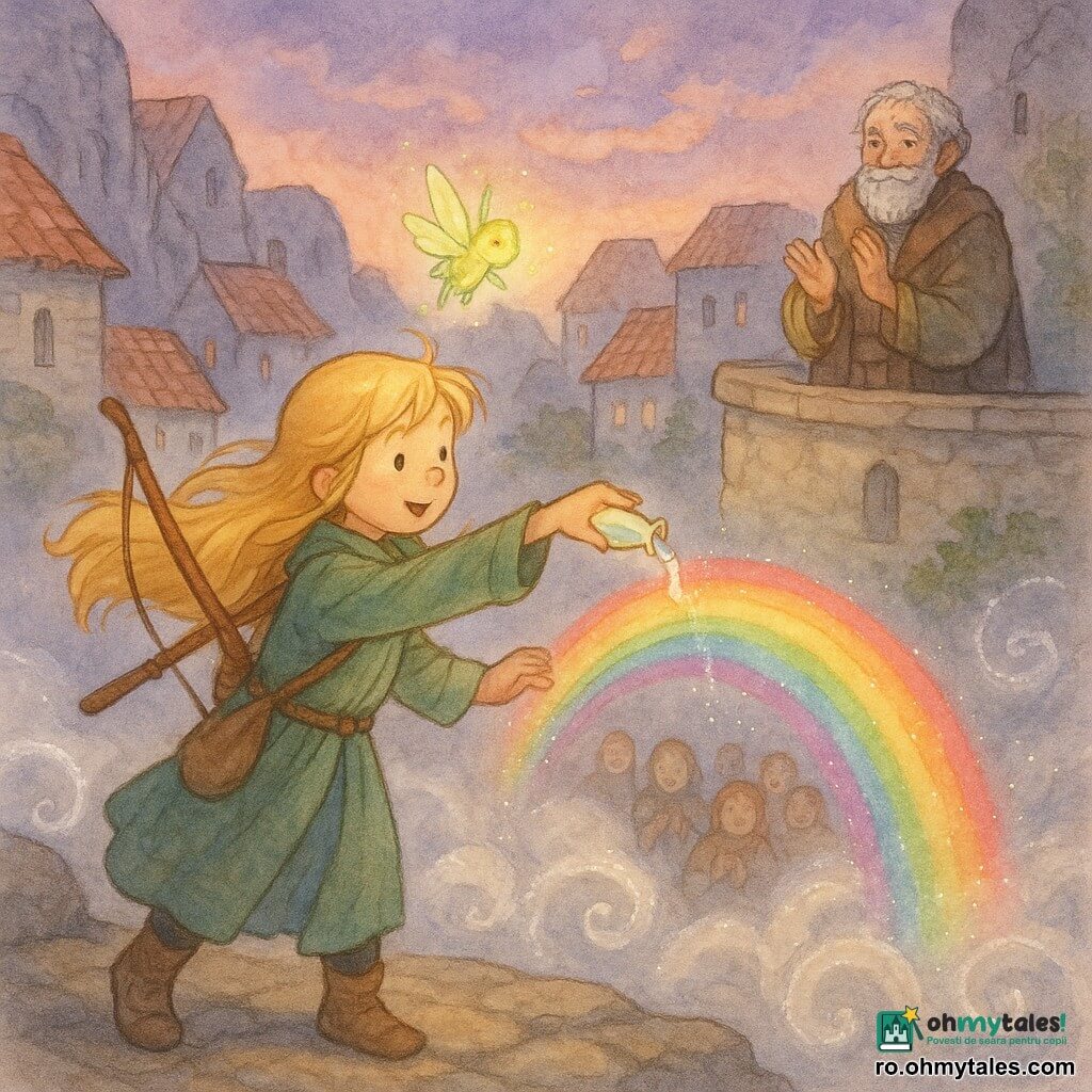 Elara, tânără curajoasă cu păr auriu, în mantou verde și arc în bandulieră, varsă o fiolă cu apă luminiscență care se transformă într-un curcubeu peste o ceață care se desface în văluri argintii; în spatele ei, la dreapta, un bătrân înțelept cu barbă gri aplaudă ușor, iar o mică creatură luminoasă galben-verzuie zboară înaintea ei, pe marginea unui oraș învăluit în ceață, cu case de piatră și ziduri sculptate în stânca unui vulcan, sub un cer crepuscular violet-oranj.