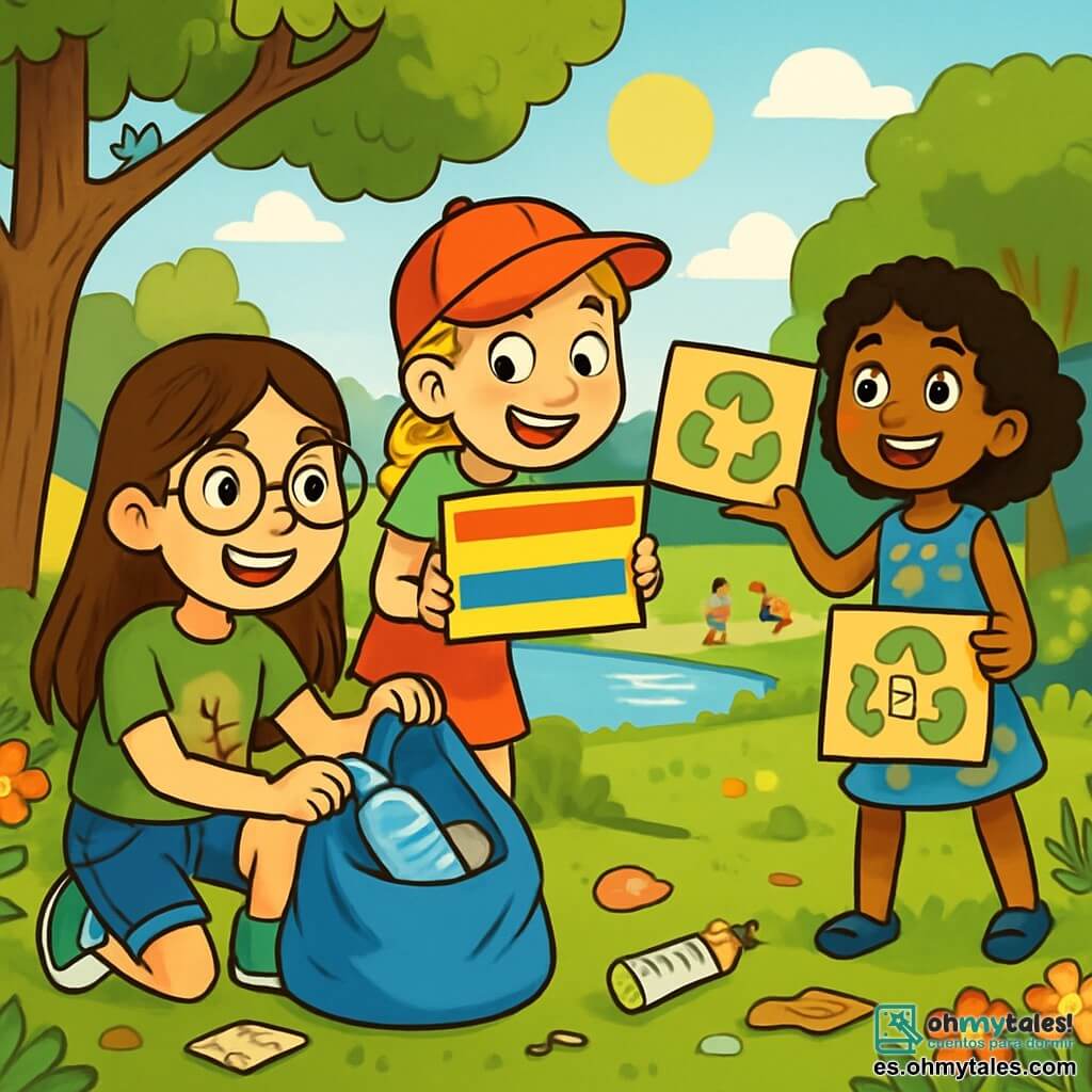 Hay 3 personajes: - Clara: una niña de 10 años, con cabello largo castaño y gafas redondas. Lleva una camiseta verde con un árbol dibujado y un short de mezclilla. Está recogiendo basura con una gran sonrisa, al lado de un árbol. - Sofía: una niña de 10 años, con cabello rubio trenzado y ojos brillantes. Lleva una gorra roja y una camiseta a rayas. Sostiene un cartel colorido que dice "¡Es hora de reciclar!" y está un poco adelante, mirando a Clara. - Luna: una niña de 10 años, con cabello negro y rizado, vestida con un vestido azul con flores. Está mostrando un cartón con instrucciones de reciclaje, un poco atrás, pero con un aire entusiasta. La escena principal tiene lugar en un parque verde, lleno de árboles majestuosos y flores coloridas. El suelo está cubierto de hojas y pequeños desechos, y a lo lejos se ve un pequeño lago brillando bajo el sol. Los pájaros cantan en las ramas, y los niños juegan alegremente en la hierba. La situación principal muestra a las tres amigas limpiando el parque, recogiendo basura en bolsas, sonriendo y hablando sobre la importancia de proteger la naturaleza. La atmósfera es alegre y llena de energía, con rayos de sol iluminando la escena.