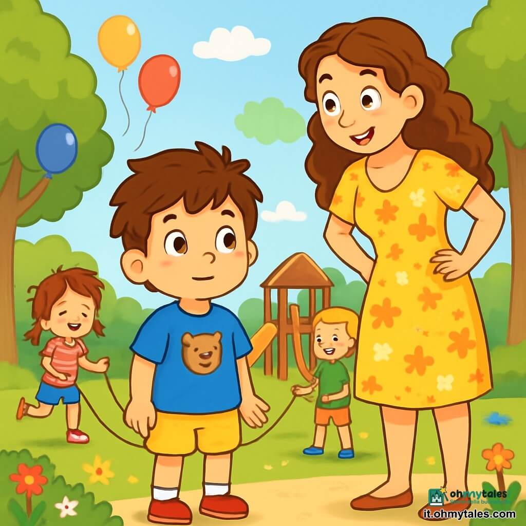 Un ragazzo di 6 anni, Matteo, con i capelli castani disordinati e gli occhi pieni di curiosità, si trova al centro dell'immagine, con un leggero sorriso sul volto che esprime sia eccitazione che un po' di apprensione. Indossa una maglietta blu vivace con un disegno di orso e pantaloni corti gialli. Accanto a lui, sua madre, una donna di circa 30 anni con capelli lunghi e ricci, vestita con un abito leggero a fiori, lo incoraggia con uno sguardo caloroso e un sorriso rassicurante, mentre si tiene leggermente indietro con le mani sui fianchi, pronta a sostenere il figlio. Lo sfondo è un parco soleggiato, pieno di alberi verdi, fiori colorati e risate di bambini che giocano. Dei palloni fluttuano nell'aria e un'area giochi in legno è visibile sullo sfondo. La scena principale mostra Matteo, un po' titubante, pronto a fare il suo primo passo verso un gruppo di bambini che si divertono a saltare la corda. Il suo cuore batte forte, ma respira profondamente, pronto a superare la paura e unirsi al gioco.