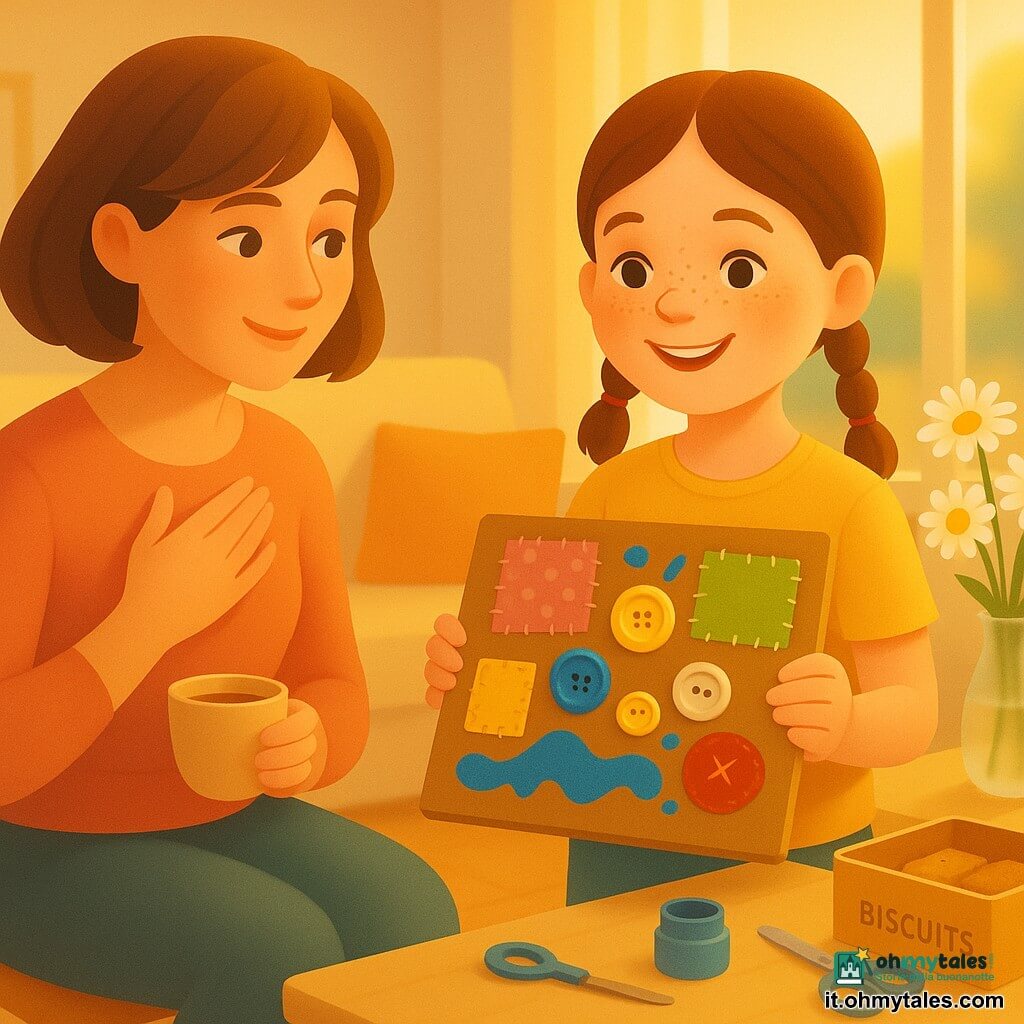 Bambina di 8 anni dal viso rotondo e lentiggini, capelli castani in due trecce, sguardo gioioso, sorride e porge con orgoglio alla madre un quadro fatto a mano di stoffa, bottoni e pittura blu; la madre, circa 35 anni, capelli castano chiaro caschetto, seduta a sinistra su una poltroncina con una tazza di tè e le mani sul cuore, la guarda commossa; a destra un tavolino chiaro con una scatola di biscotti, un vasetto di pittura aperto e forbici arrotondate, sullo sfondo un vaso di margherite bianche; cucina-soggiorno caldo con luce dorata serale, pareti crema, cuscini colorati e ampia finestra su un parco sfocato; scena tenera e luminosa con texture visibili (carta stropicciata, bottoni lucenti, pennellate), palette calda con accenti blu e verdi, ombre morbide e stile grafico pulito