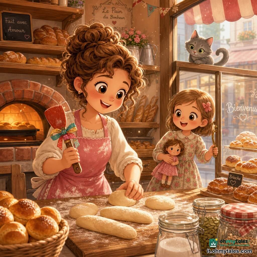 Una donna panettiera sorridente con grembiule rosa macchiato di farina e capelli castani raccolti a chignon, tiene una spatola rossa riparata con un nastro colorato mentre modella panini su un tavolo di legno; una bambina di circa 6 anni in vestito a fiori con una bambola osserva emozionata dalla porta vetrata con la mano sulla maniglia; un gatto grigio dagli occhi verdi è sul davanzale con la coda arrotolata; interno caldo: scaffali di legno pieni di pani dorati, un grande forno in mattoni rossi che diffonde una luce arancione, polvere di farina nei raggi di sole e barattoli di vetro sul piano; vetrina con brioche e atmosfera morbida e colori caldi.