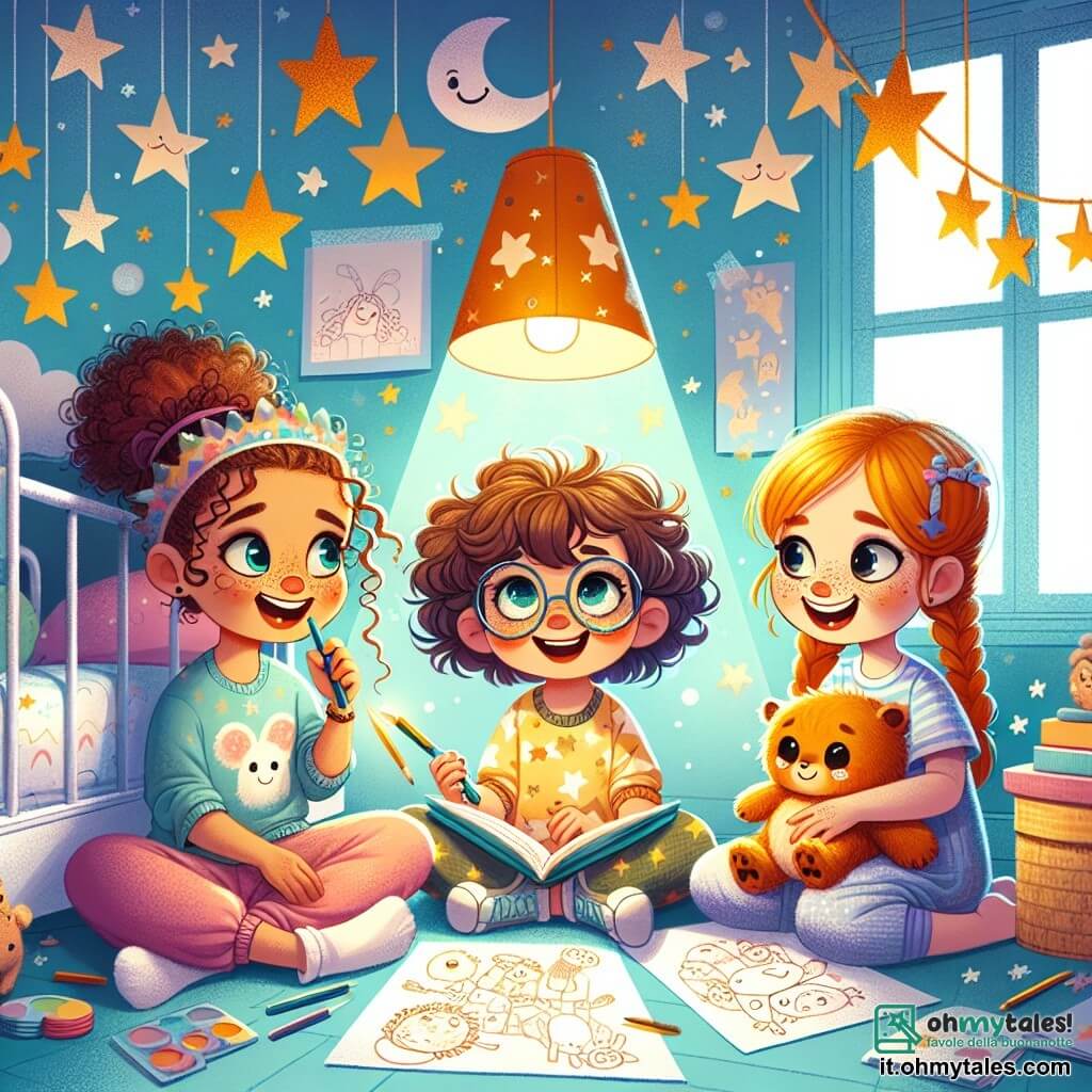 Tre ragazze di sette anni sono insieme in una stanza accogliente, circondate da pareti dipinte di blu pastello, decorate con nuvole e stelle dorate. Sofia, con i capelli ricci castani e gli occhi brillanti, sorride tenendo una lampada a forma di stella. Accanto a lei, Emma, con i capelli biondi intrecciati e occhiali rotondi, osserva con curiosità un libro di storie sul letto. Infine, Giulia, con i capelli castani lisci e lentiggini, è seduta per terra a disegnare un mostro divertente su un foglio di carta. La luce morbida della lampada crea ombre nella stanza, mentre stelle di carta brillano sul soffitto. Le ragazze sono circondate da peluche e cuscini colorati, creando un'atmosfera accogliente e magica. In questa scena, le tre amiche condividono un momento di complicità, discutendo allegramente delle loro paure del buio mentre creano insieme un mostro buffo per aiutarle a superare la loro ansia.