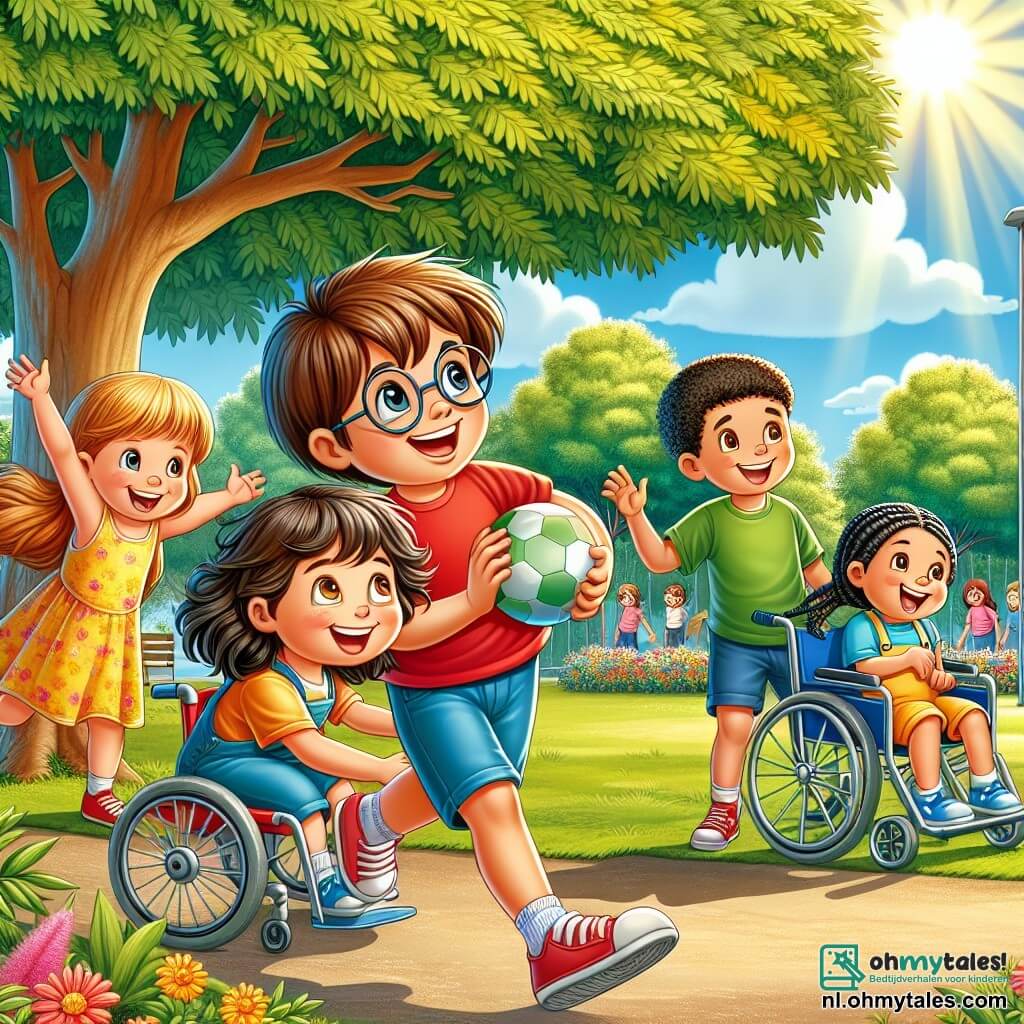In een zonnig park zijn vier kinderen samengekomen om samen te spelen. Tom, een 8-jarig jongetje met bruin haar en een bril, glimlacht terwijl hij een bal in zijn handen houdt. Hij draagt een rode t-shirt en een blauwe short. Lisa, een 7-jarig meisje met prachtige krullen en een gele jurk, lacht terwijl ze naar Tom rent om de bal te vangen. Sam, een 9-jarige jongen in een rolstoel, heeft een grote glimlach en draagt een groene t-shirt. Hij zit naast Tom, klaar om mee te doen aan het spel. Noor, een 8-jarig meisje met gevlochten zwart haar en een roze tanktop, staat iets verderop met haar armen in de lucht om haar vrienden aan te moedigen. Het park is vol groen, met grote bomen en een heldere blauwe lucht. Kleurrijke bloemen omringen het pad, en een groep kinderen speelt vrolijk op de achtergrond. In deze scène hebben de kinderen plezier samen, wat het belang van gelijkheid en vriendschap benadrukt, ongeacht de verschillen. Ze zijn allemaal verenigd door de vreugde van het spel en het delen van momenten samen.