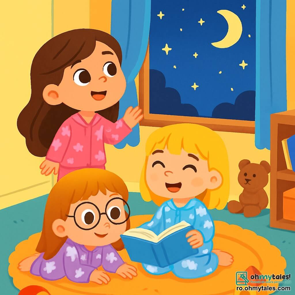 Există 3 personaje: Ana, o fetiță de 6 ani cu părul lung și brunet, care poartă un pijama roz cu stele albe și se află lângă fereastră, privind cerul; Maria, o fetiță de 7 ani cu părul blond și breton, îmbrăcată într-un pijama albastru cu nori, care zâmbește ținând o carte deschisă și stând pe covor, în fața Anei; Ioana, o fetiță de 6 ani cu părul castaniu și ochelari rotunzi, îmbrăcată într-un pijama violet cu unicorni, întinsă pe covor, privind cartea cu curiozitate. Scena are loc într-o cameră de copil călduroasă, cu pereți vopsiți în galben pastel, un covor moale și jucării împrăștiate. O fereastră deschisă lasă să intre lumina lunii, iluminând ușor încăperea, iar stelele strălucitoare sunt vizibile în cerul nocturn. Cele trei fete sunt unite, fascinată de frumusețea stelelor, Ana exprimându-și frica de întuneric, în timp ce Maria și Ioana o încurajează să admire cerul înstelat, creând o atmosferă de magie și camaraderie.