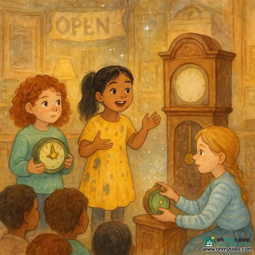 Three 8-year-old girls in a small warm community museum: Lina, light brown hair in a braid, pale blue striped blouse, crouched at right by a small wooden pedestal, gently turning a star-shaped button on a small round green clock; Mia, black hair in pigtails, yellow dress with ink stains, center stage speaking animatedly to the crowd with a bright face; Zoe, curly red hair, mint-green sweater at left, holding the green clock to her chest, watching anxiously. The room has blond wood, glass cases with old toys, lamps with fabric shades casting golden light, a tall grandfather clock on a pedestal with a temporarily empty dial, a faded fabric banner announcing an opening, old posters on the wall and fine glitter drifting in the air. A soft tense moment as the friends restore a memory so the grandfather clock can chime: Mia recounts a memory to the small crowd, Zoe clutches the clock like a relic, Lina presses the star button; the audience looks amazed as tiny luminous particles rise toward the clock, creating an atmosphere of hope and gentle magic.