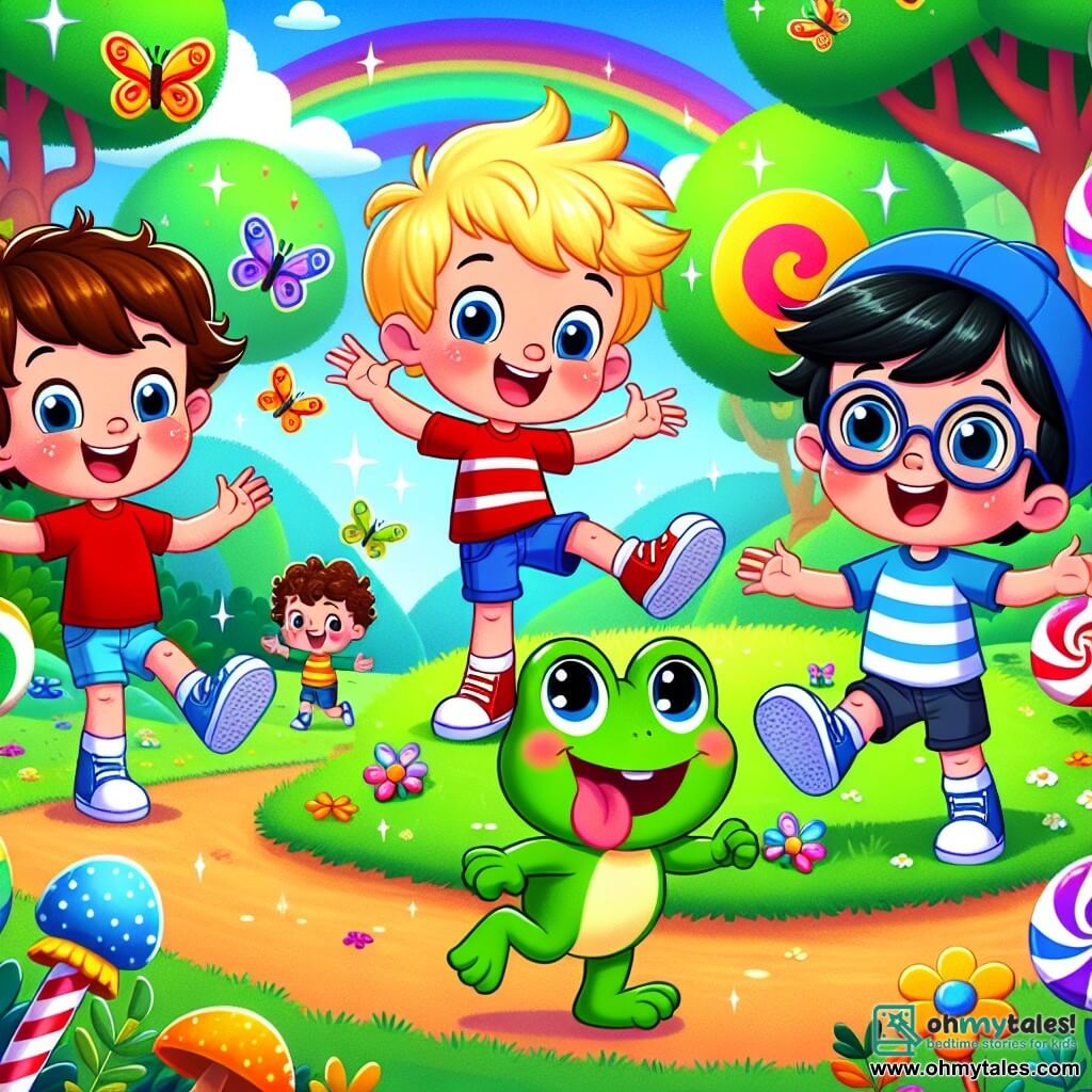 In the center of the image, three little boys are gathered: Timmy, a 6-year-old with messy brown hair, is wearing a red t-shirt and blue shorts, laughing with his arms raised and a big smile. Tommy, a 7-year-old with blonde hair and a blue hat, stands to the left, making a funny face with his hands on his hips. Tilly, a 6-year-old with black hair and round glasses, is on the right, jumping for joy with sparkling eyes. At their feet, a small sparkling frog with shiny green skin and twinkling eyes hops joyfully, encouraging them with a "Ribbit!" The setting is a fairy-tale kingdom with brightly colored trees, giant flowers, and candy-shaped clouds. The ground is covered in soft, fluffy grass, dotted with colorful butterflies flying around them. The main scene shows the three friends wearing a blue hat and laughing, taking turns, while the frog watches them with an amused expression. The atmosphere is joyful and playful, filled with magic and friendship.